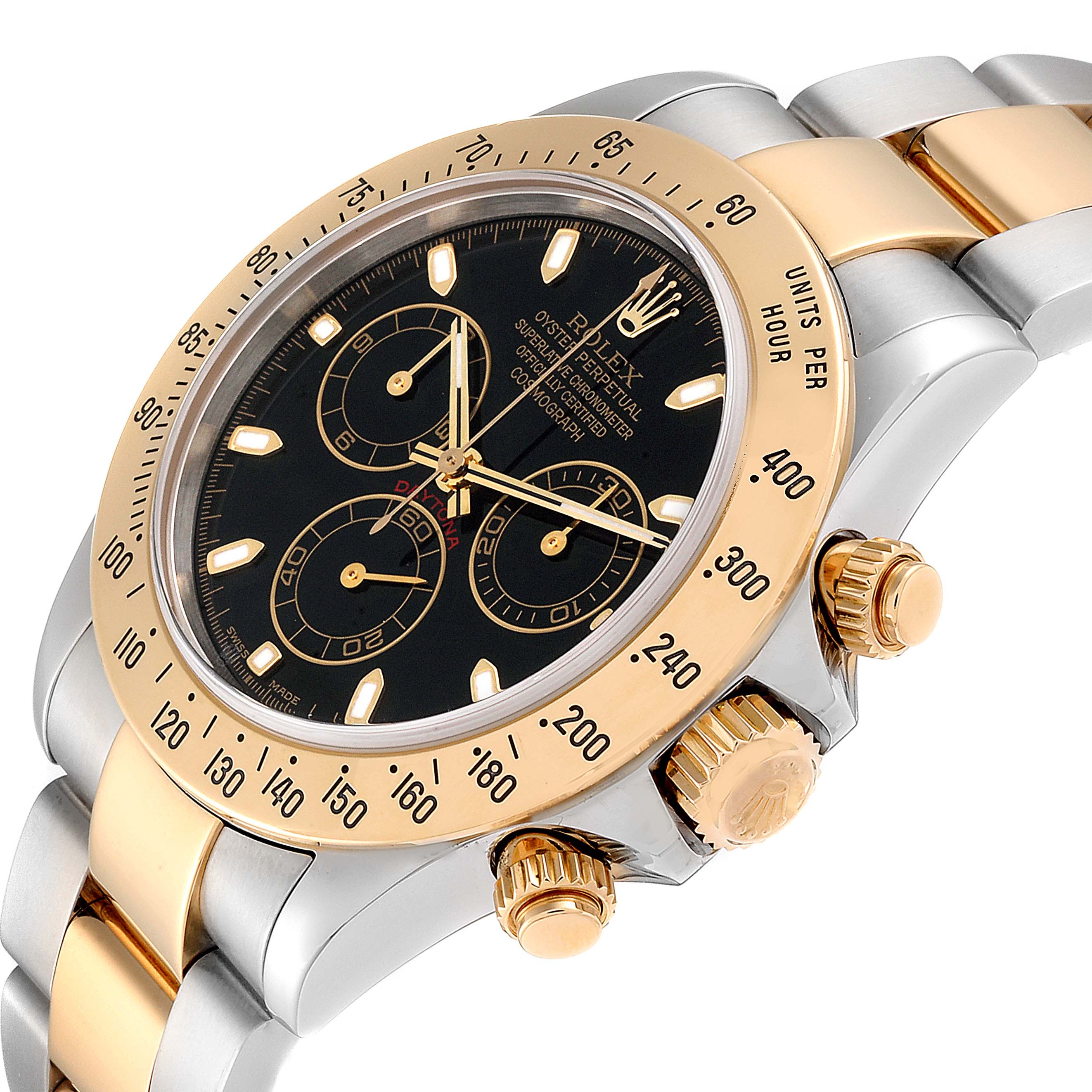 The image shows a close-up of the Rolex Daytona 116523 Men
s Steel and Gold (two tone) Black Dial 116523 Men
s Steel and Gold (two tone) Black Dial watch, displaying the bezel, dial, crown, and bracelet.