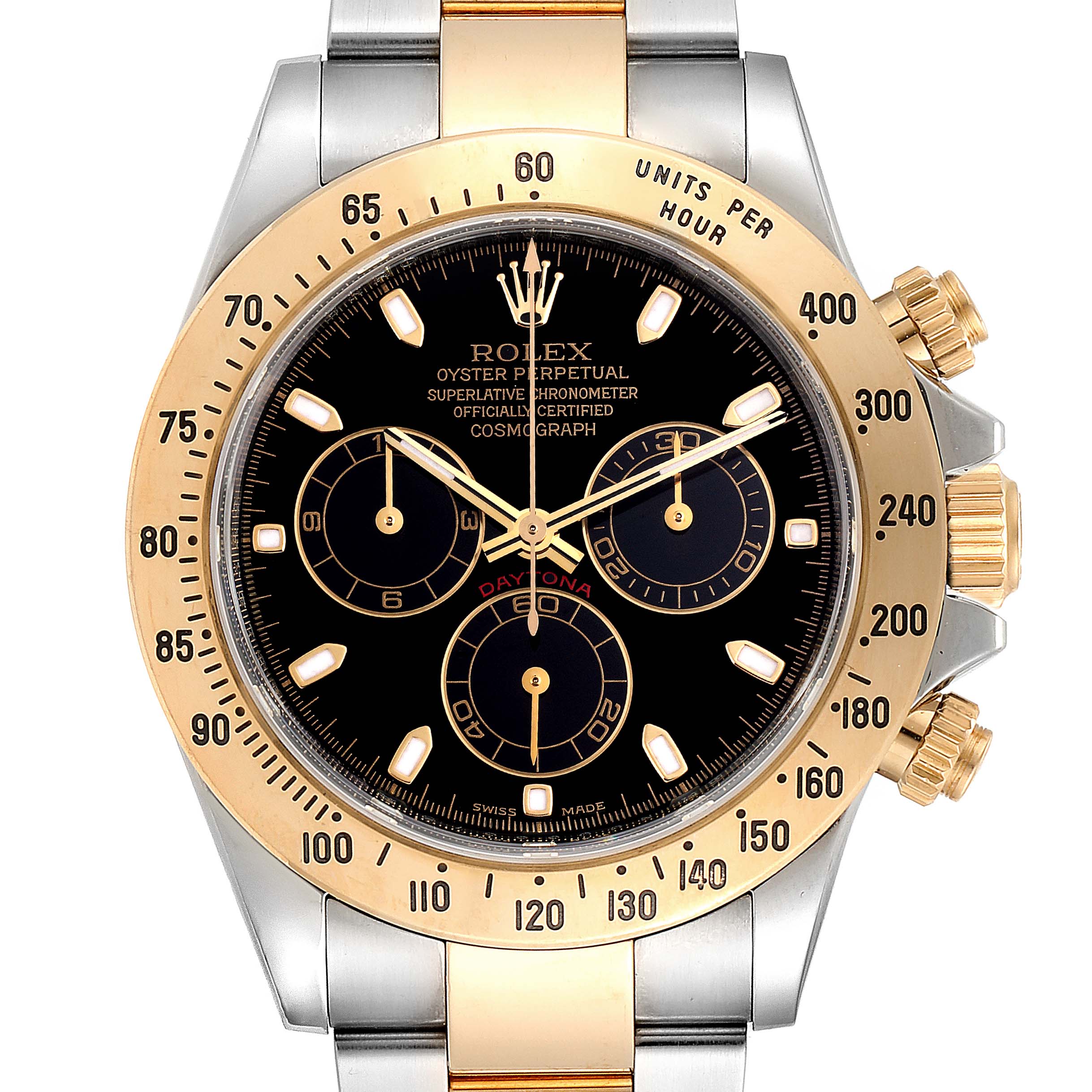 This image shows a front view of the Rolex Daytona 116523 Men
s Steel and Gold (two tone) Black Dial 116523 Men
s Steel and Gold (two tone) Black Dial watch, highlighting its bezel, dial, crown, and chronograph subdials.