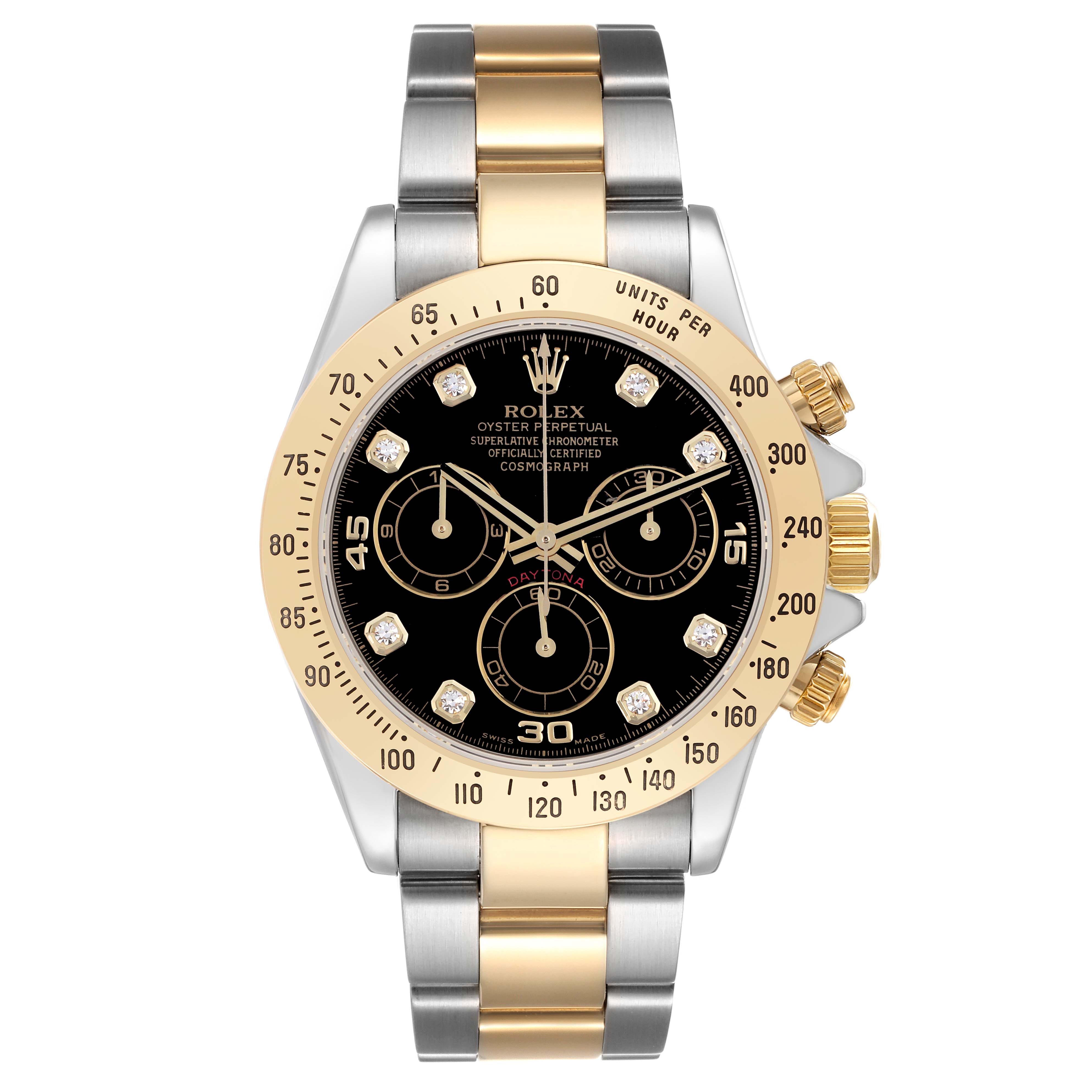 The Rolex Daytona model 116523 men's watch is shown from the front, highlighting its gold and silver bracelet, black dial, and gold bezel.