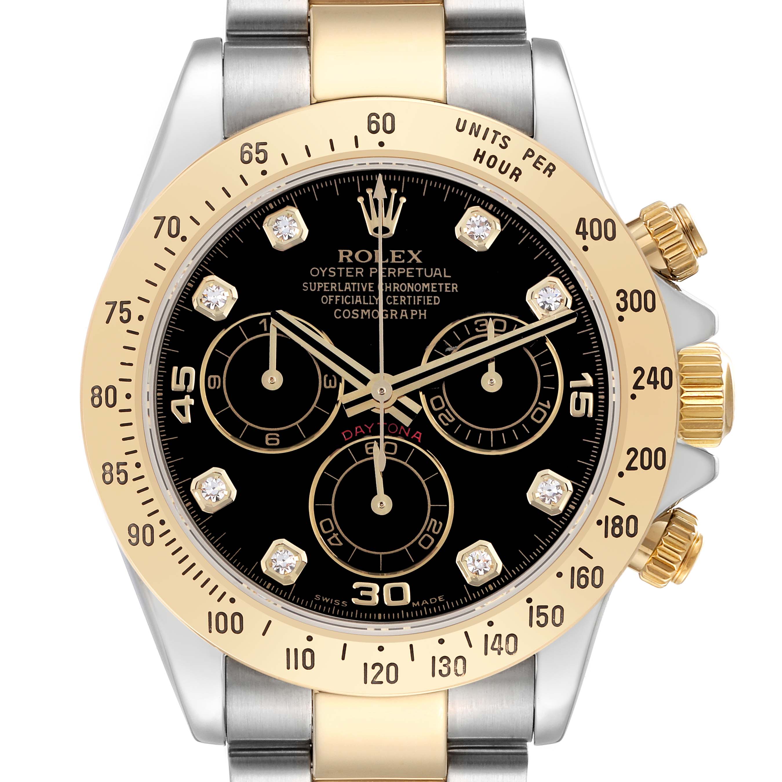 The image shows a frontal view of the Rolex Daytona model 116523 men's watch, highlighting its bezel, dial, crown, and pushers.