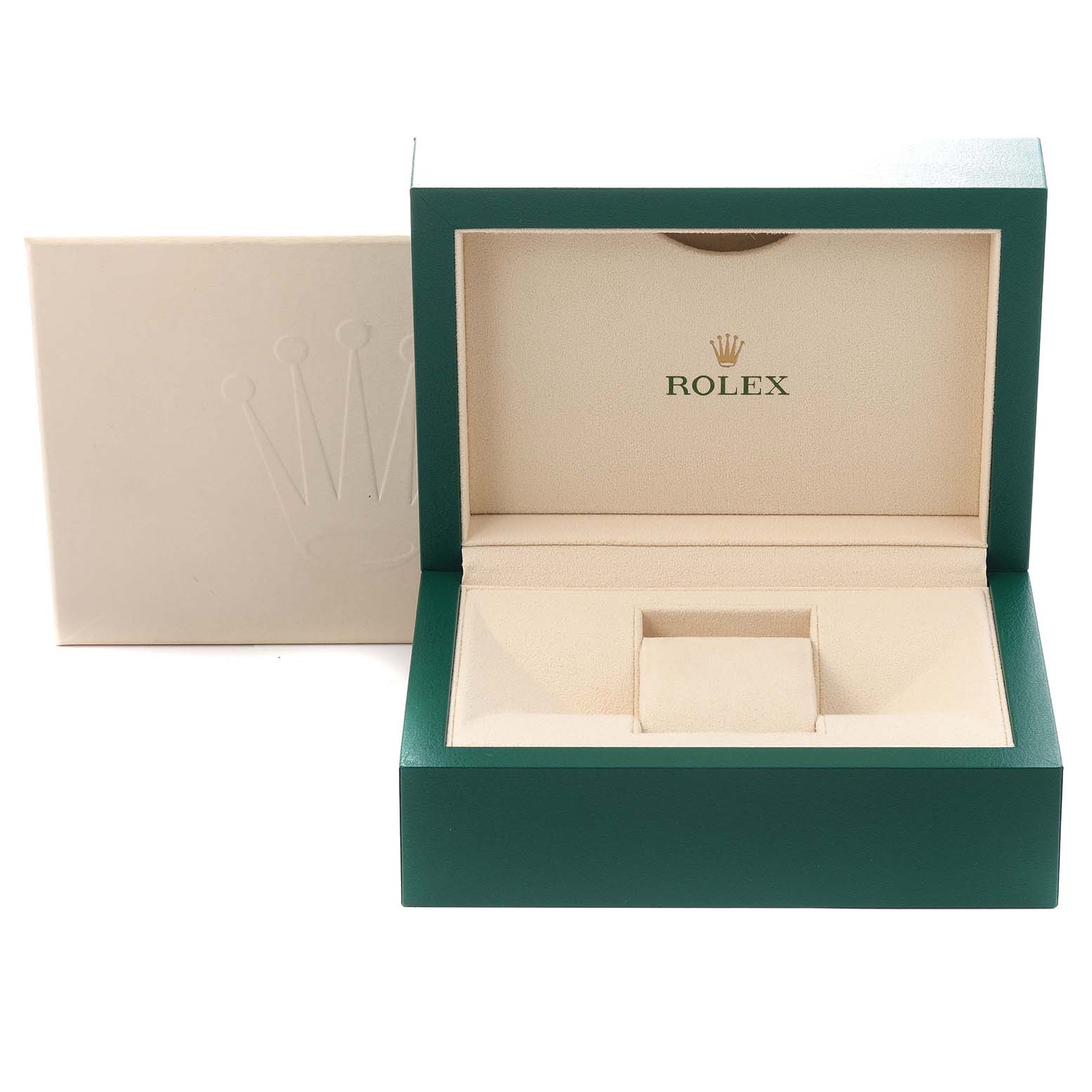 The image shows an open green and beige Rolex box meant for the Daytona model number 116523 men's watch, without the watch inside.