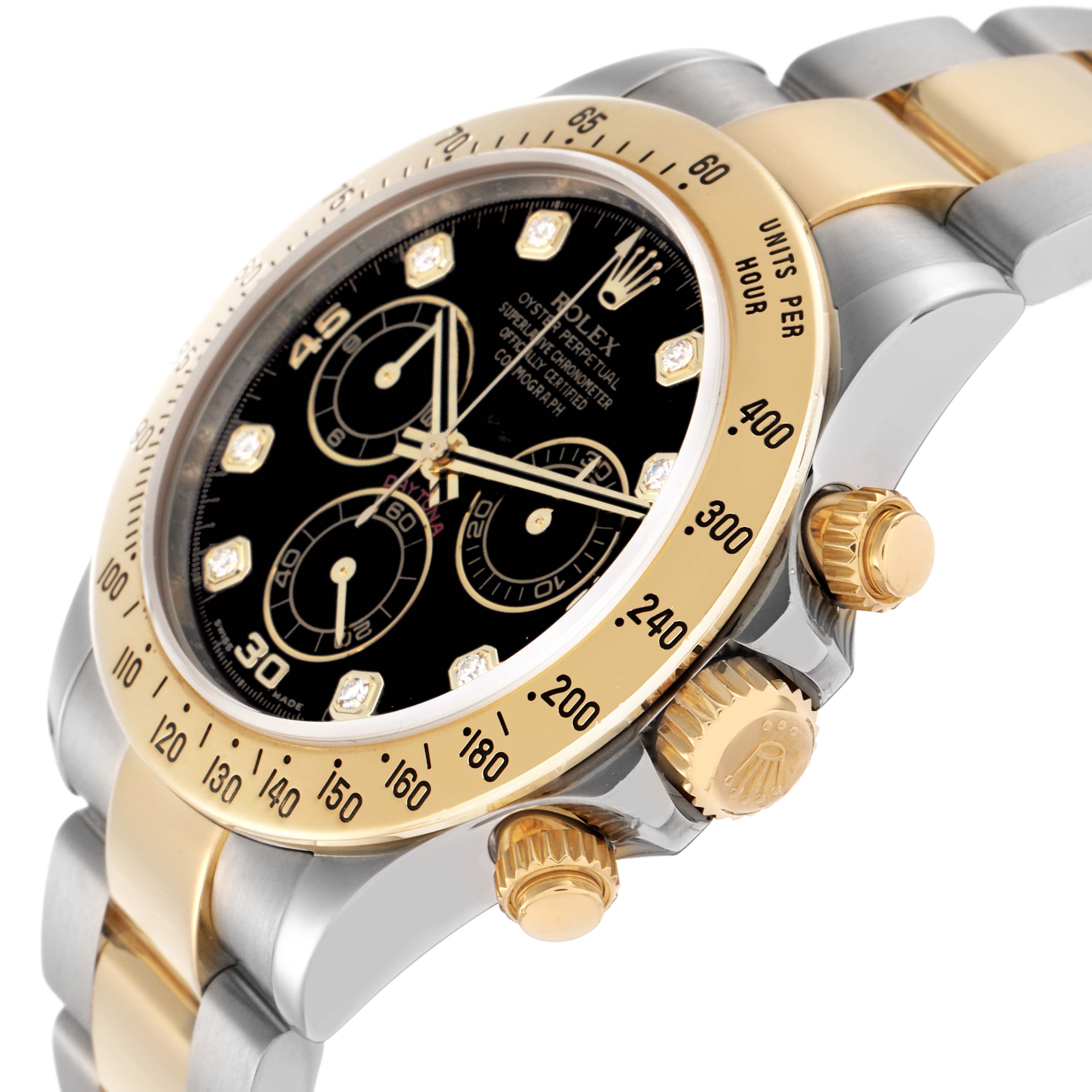This image shows a side angle of the Rolex Daytona model 116523 men's watch, highlighting the bezel, crown, pushers, and bracelet.