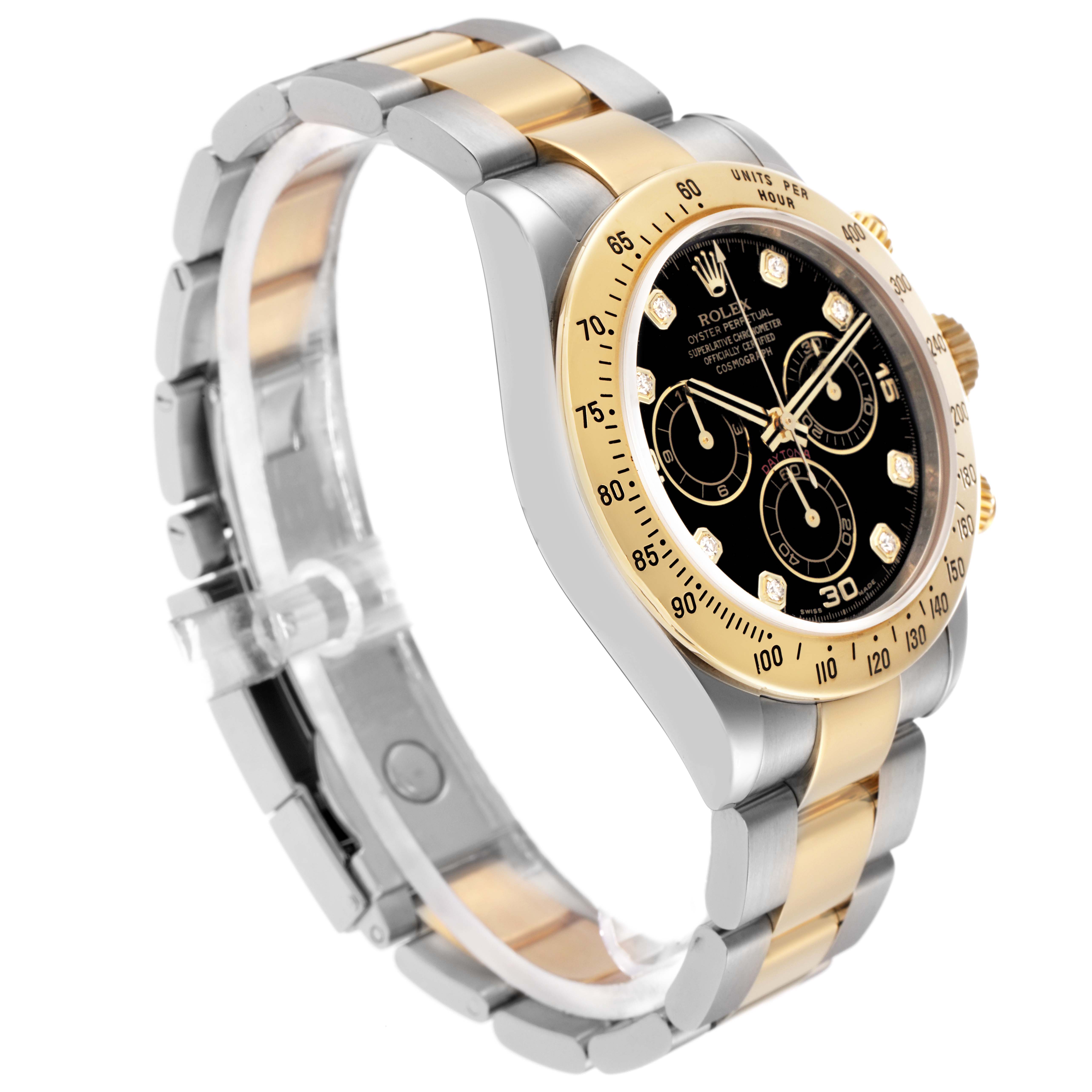 The Rolex Daytona model 116523 men's watch is shown at a slight angle, displaying the bezel, black dial, sub-dials, and two-tone bracelet.