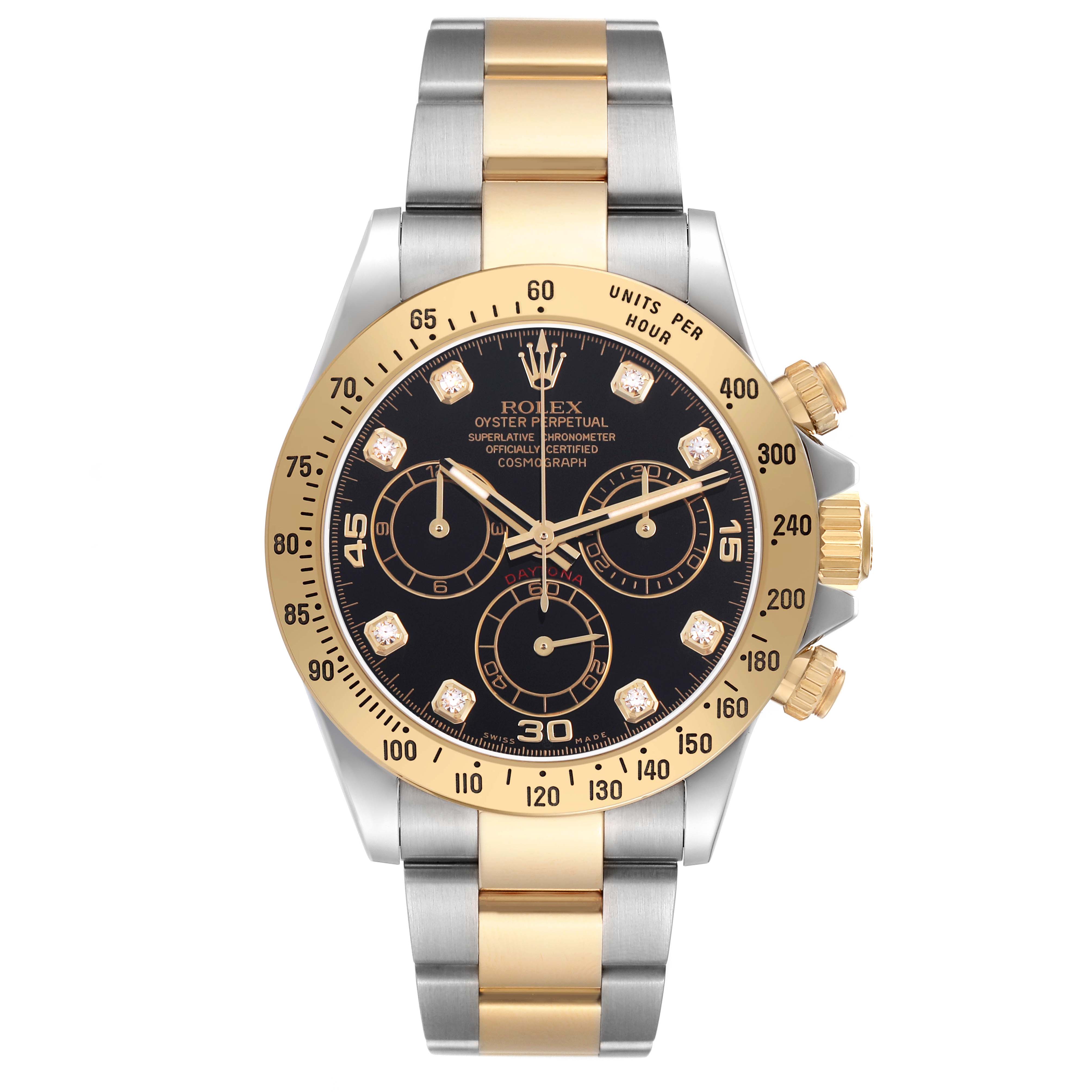 The Rolex Daytona 116523 Men's Steel and Gold (two tone) Black Dial watch is shown from a front angle, highlighting the face, bezel, and bracelet.