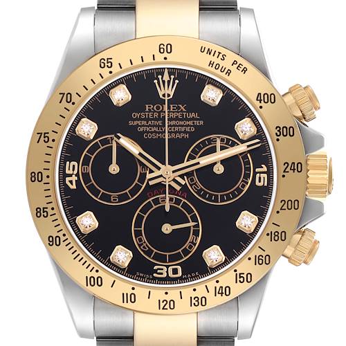 The Rolex Daytona 116523 Men's Steel and Gold (two tone) Black Dial is shown from a front angle, highlighting the dial, bezel, and part of the bracelet with gold accents.