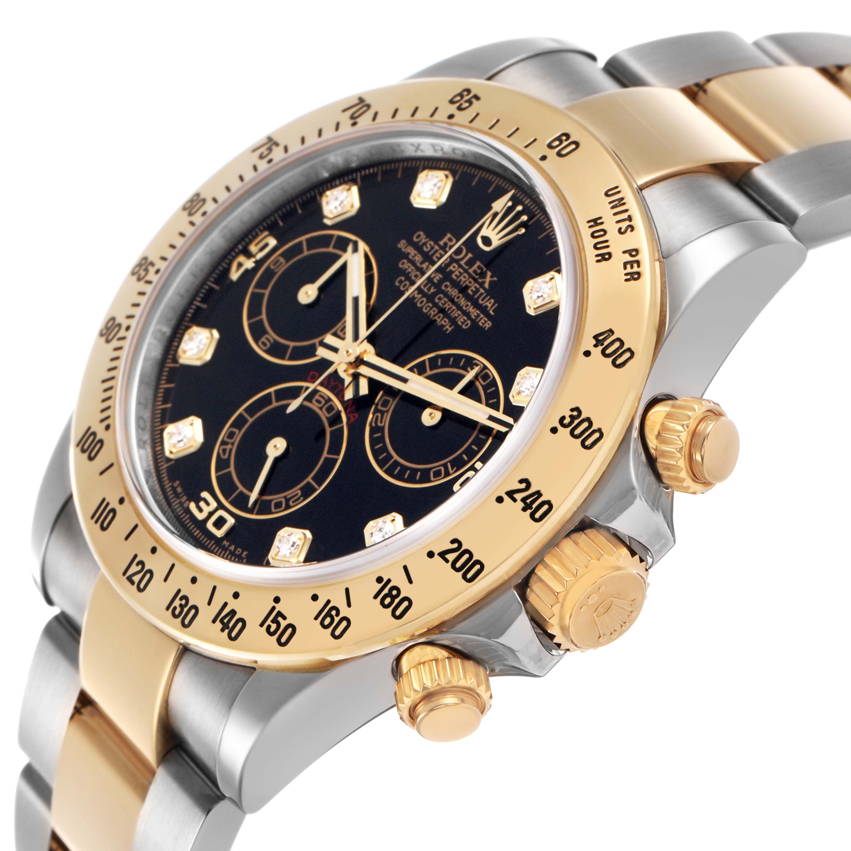 The Rolex Daytona 116523 Men's Steel and Gold (two tone) Black Dial watch is shown at an angle highlighting the dial, bezel, pushers, and part of the bracelet.