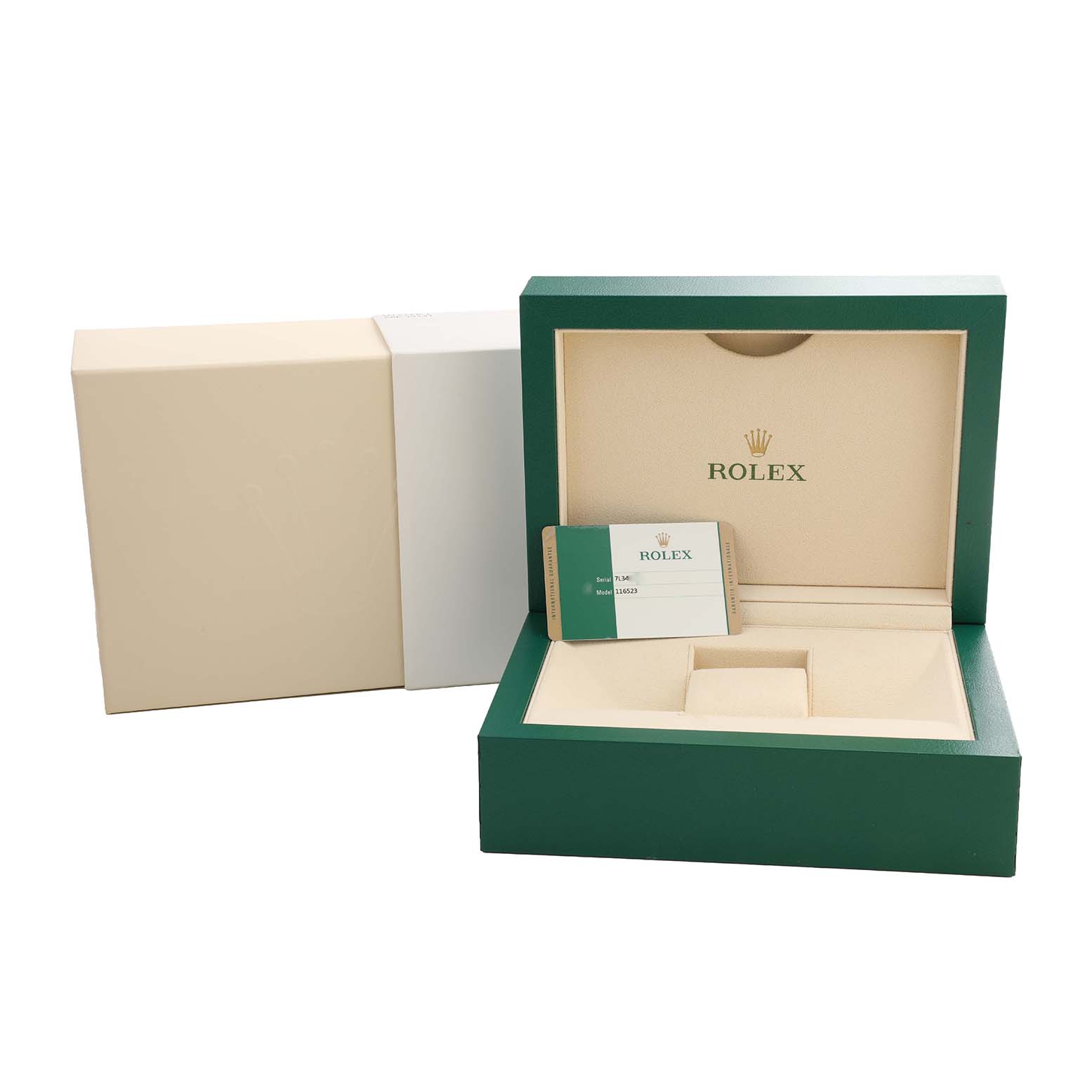 The image shows an open box and warranty card for the Rolex Daytona 116523 Men's Steel and Gold (two tone) Black Dial, with an outer case beside it.