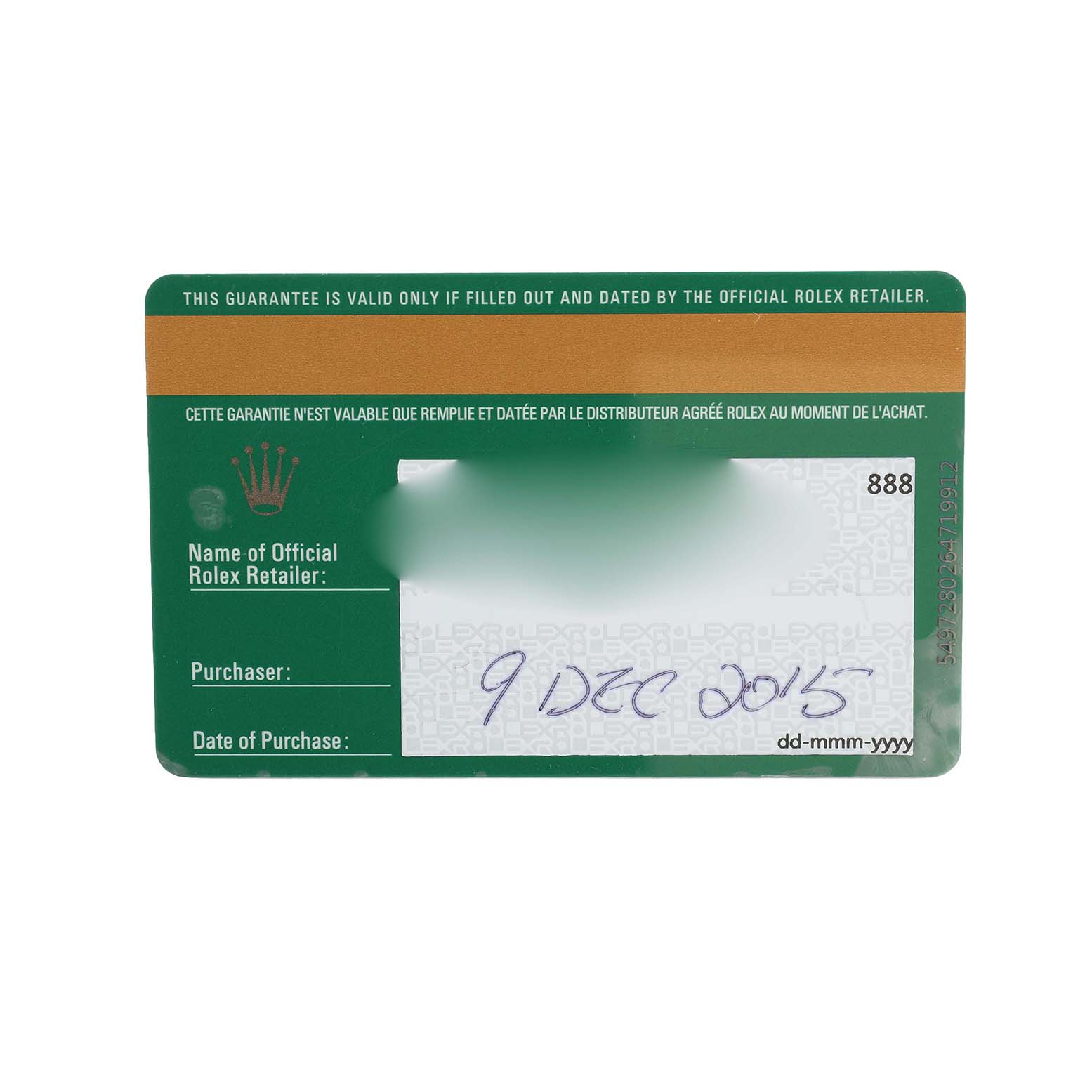 The image shows a warranty card for a Rolex Daytona 116523 Men's Steel and Gold (two tone) Black Dial watch, viewed from the front, detailing purchase information.