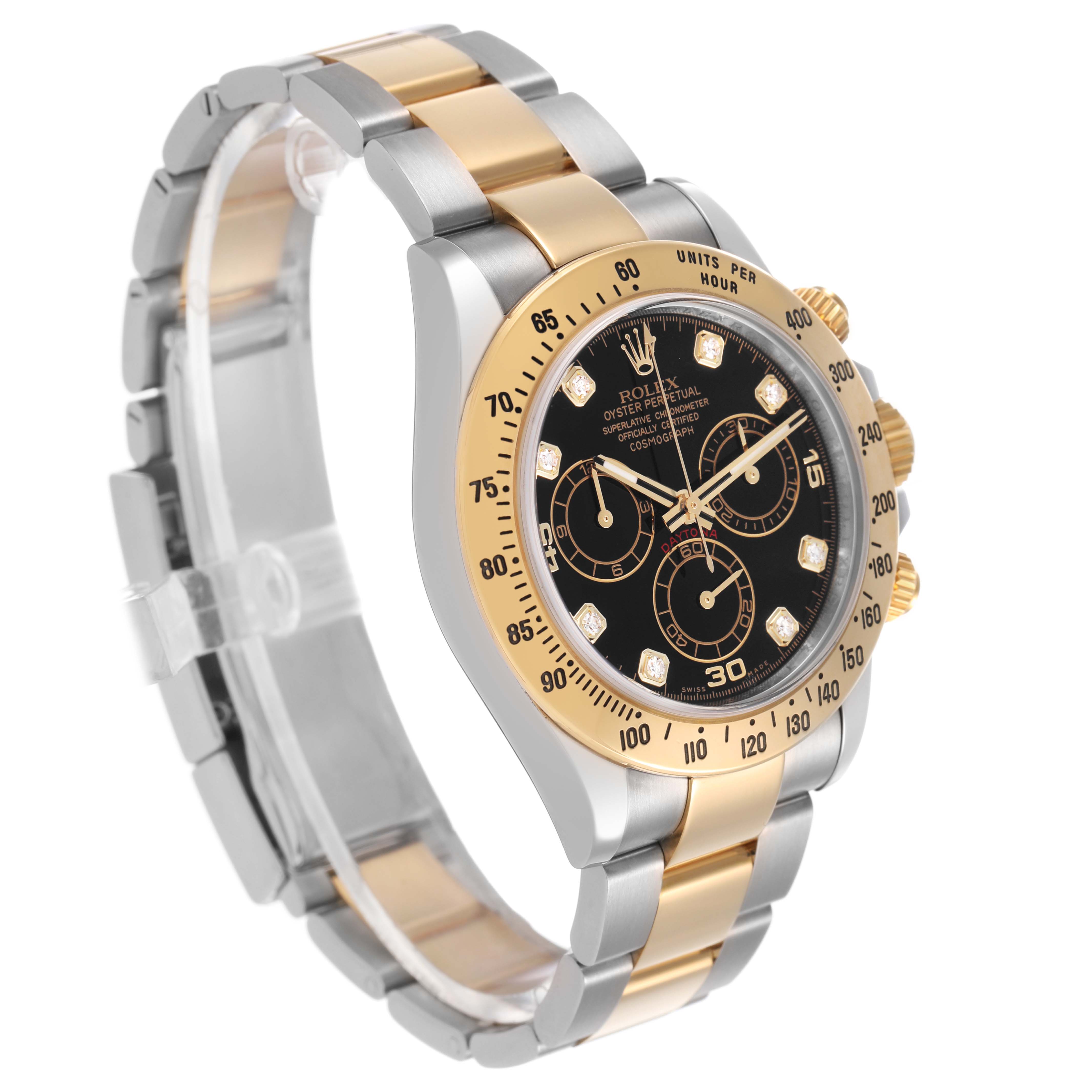 The Rolex Daytona 116523 Men's Steel and Gold (two tone) Black Dial watch is shown at a slight angle, displaying the face, bezel, and part of the bracelet.
