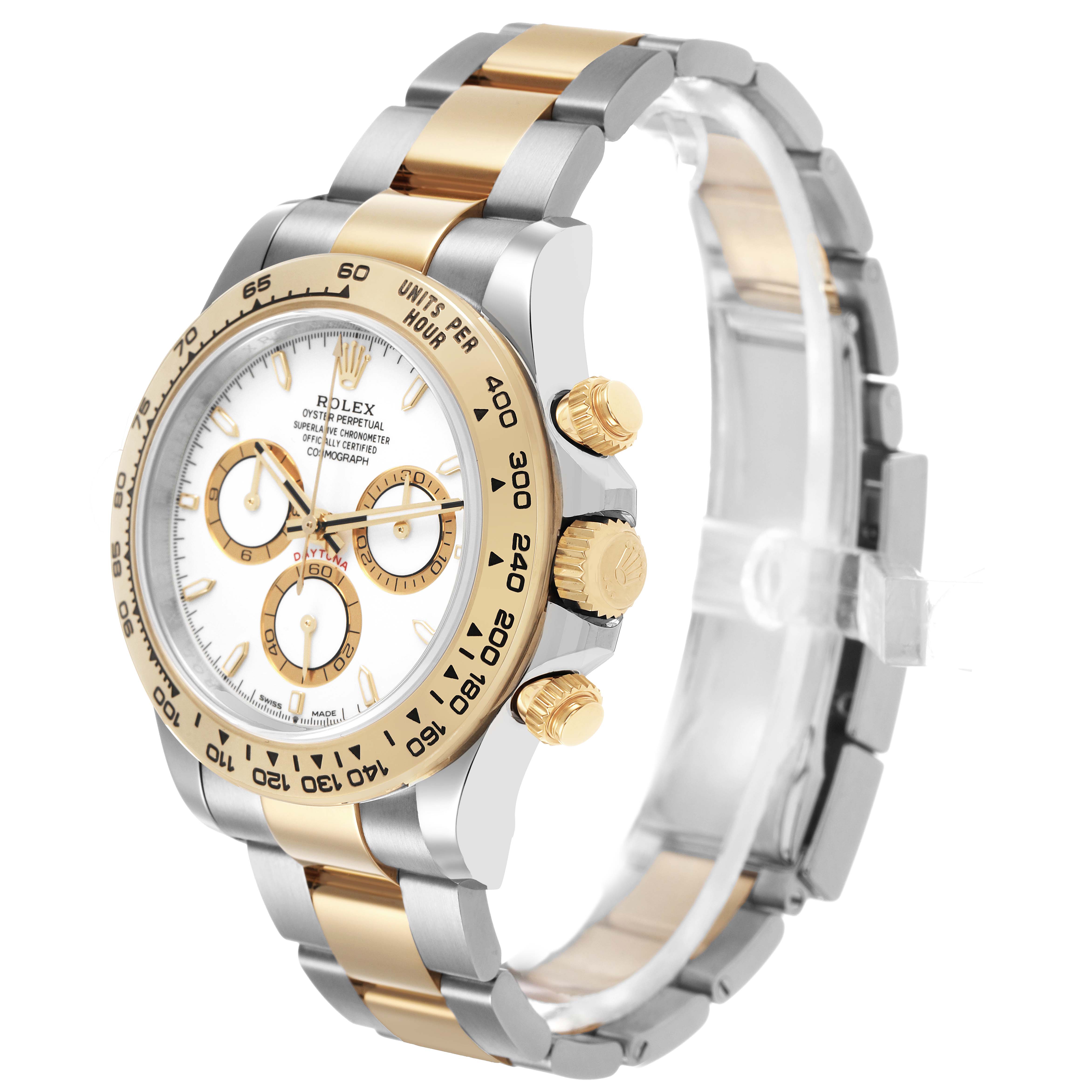 The Rolex Daytona M126503-0001 Men's Steel and Gold (two tone) White Dial watch is shown at a slight angle, displaying the face, bezel, pushers, and part of the bracelet.