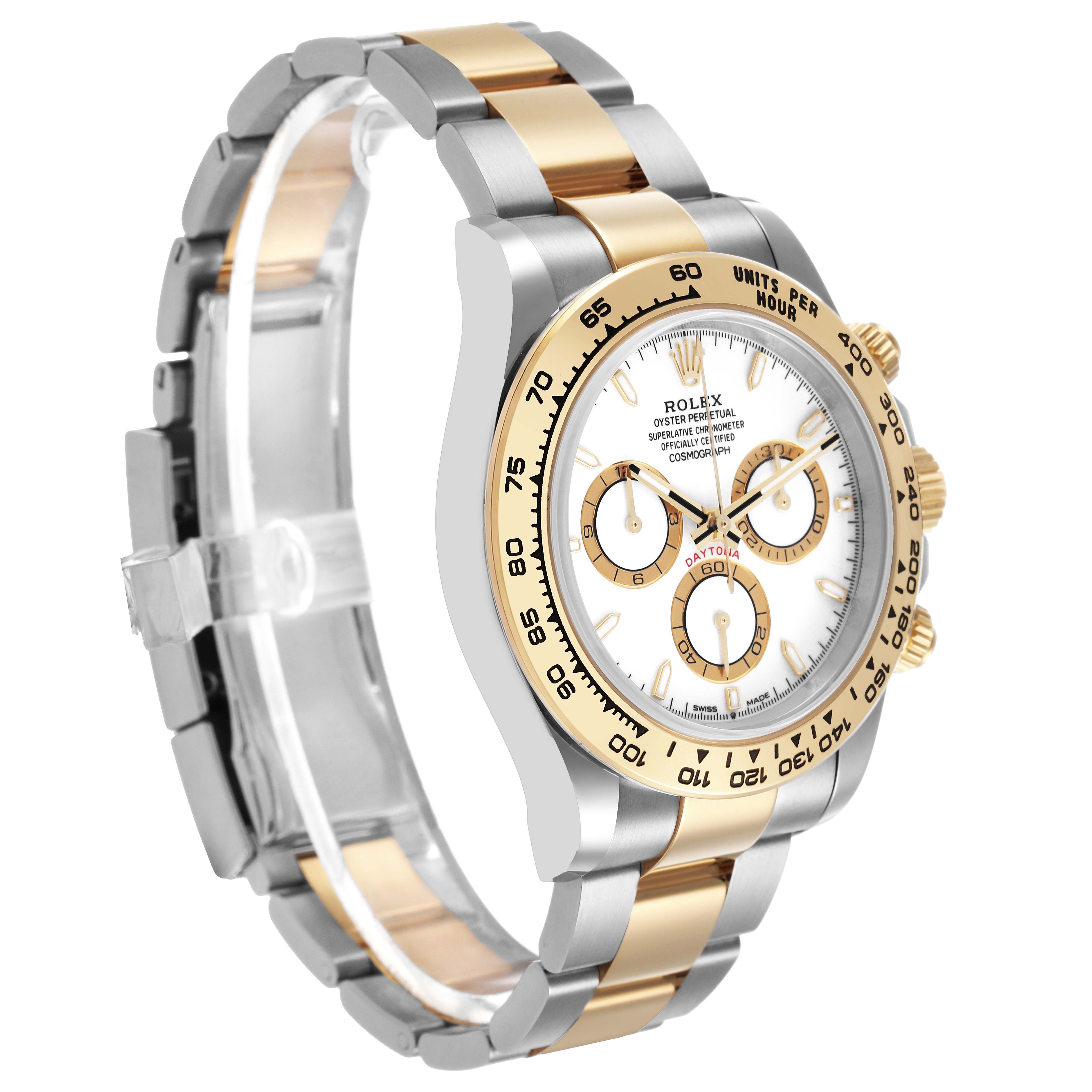 The Rolex Daytona M126503-0001 Men's Steel and Gold (two tone) White Dial watch is shown at a three-quarter angle, highlighting its bezel, dial, and two-tone bracelet.