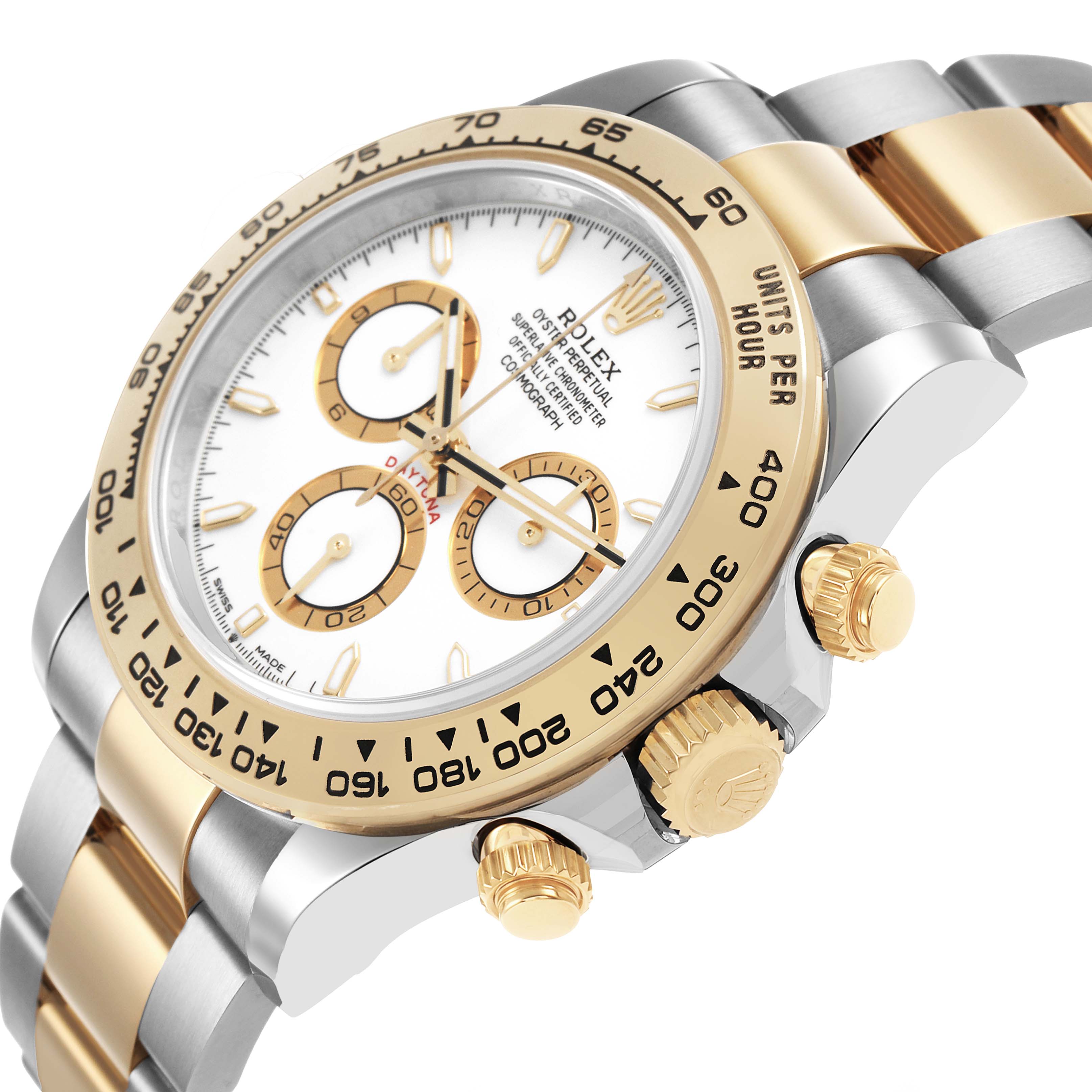 The Rolex Daytona M126503-0001 Men's Steel and Gold (two tone) White Dial watch is shown from a slightly angled side view, highlighting the bezel, crown, pushers, and bracelet.