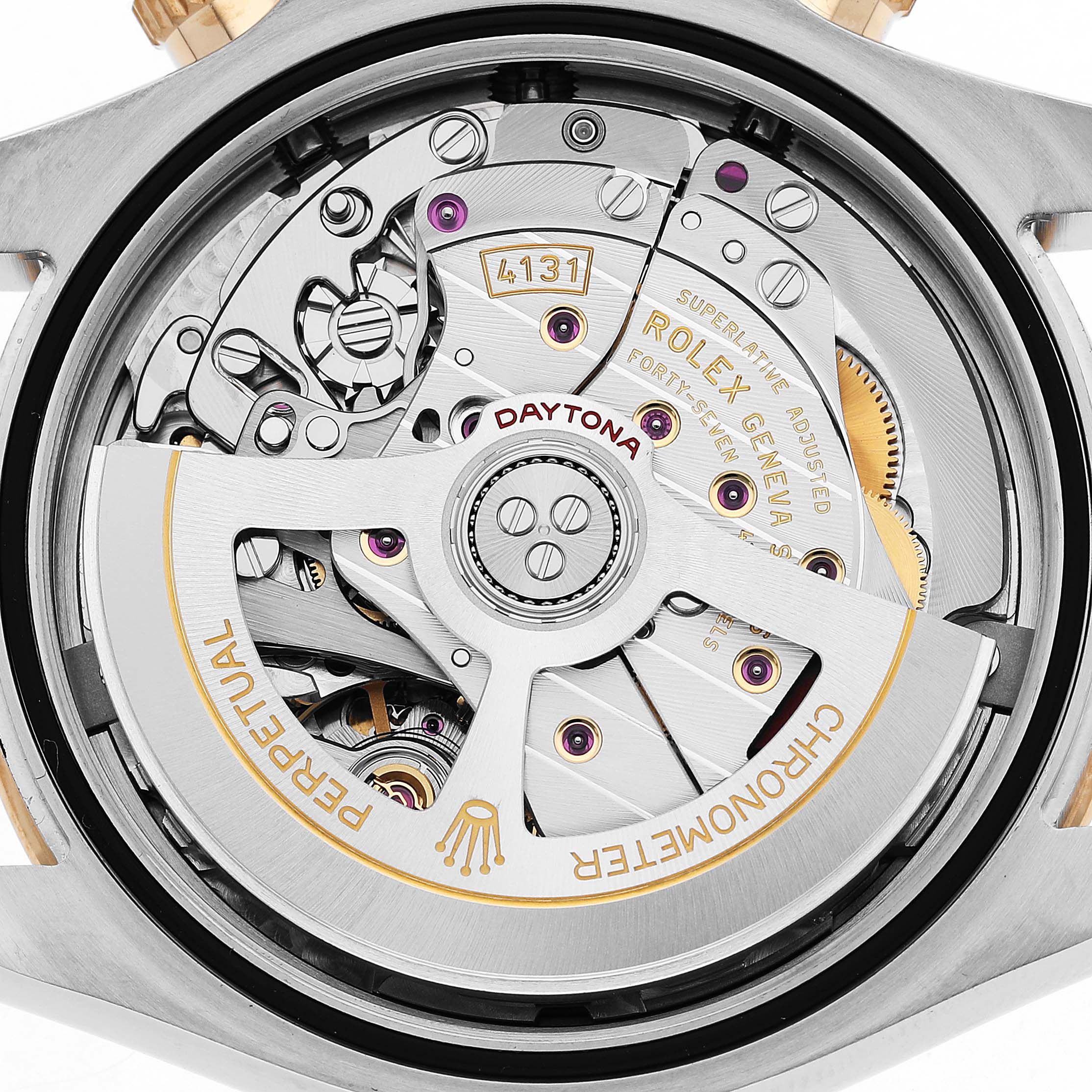 The image shows the back view of a Rolex Daytona M126503-0001 Men's Steel and Gold (two tone) White Dial, highlighting its intricate movement and rotor.