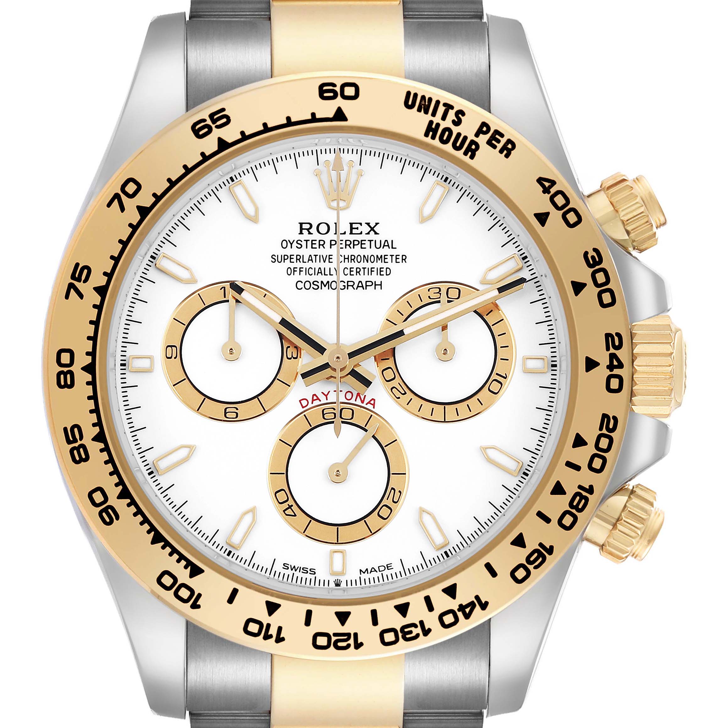 The Rolex Daytona M126503-0001 Men's Steel and Gold (two tone) White Dial watch is shown from the front, highlighting its gold bezel, chronograph subdials, and crown.