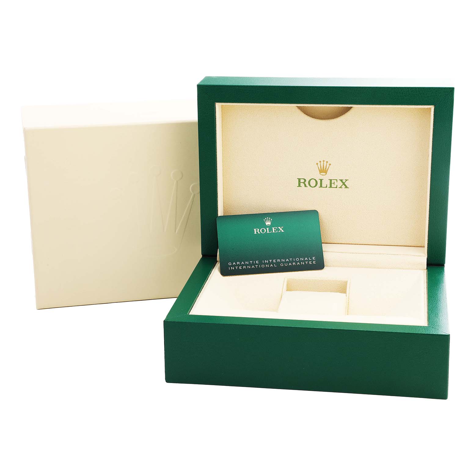 The image shows a Rolex Daytona M126503-0001 Men's Steel and Gold (two tone) White Dial watch box with a green warranty card angled inside.