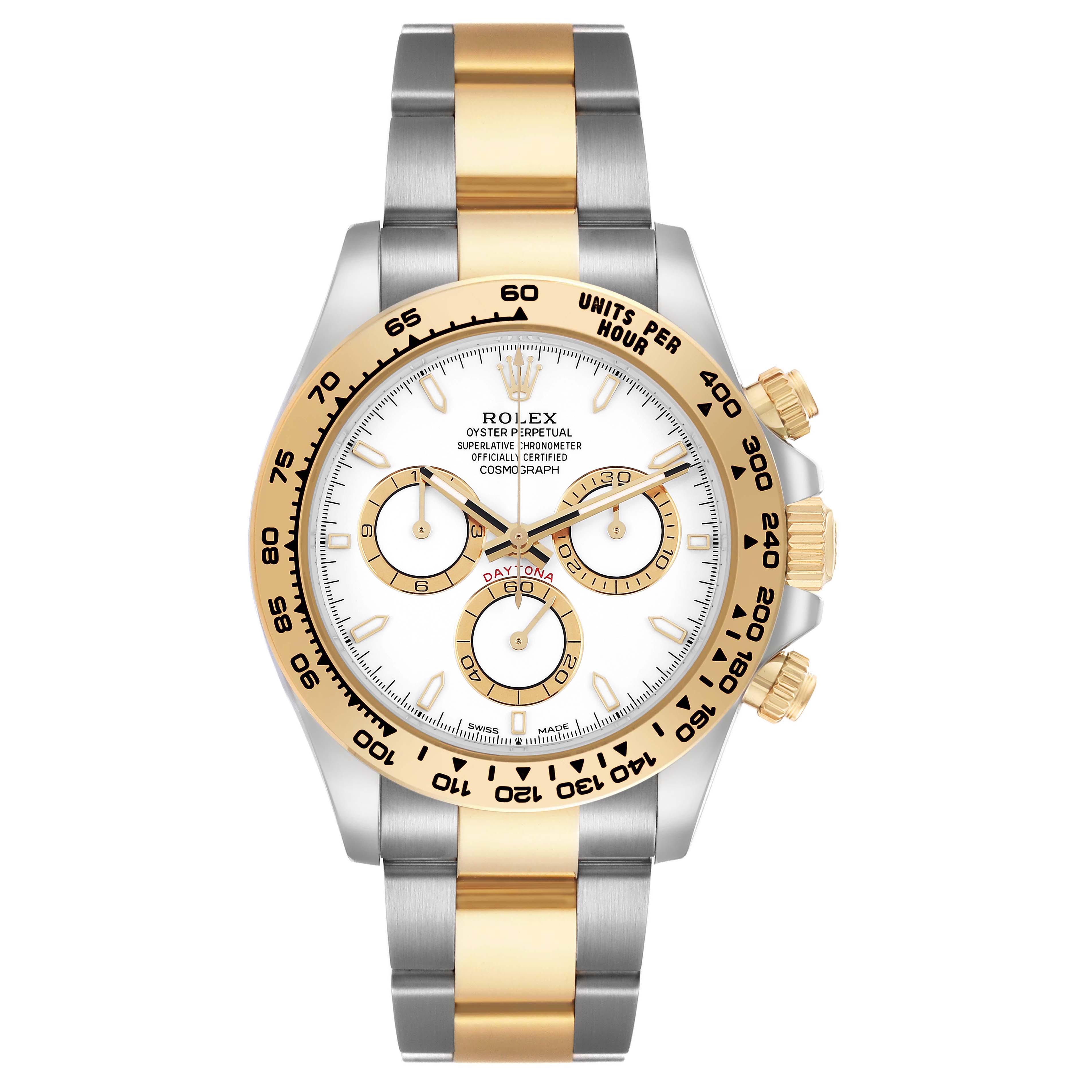 This Rolex Daytona M126503-0001 Men's Steel and Gold (two tone) White Dial watch is shown from the front, highlighting its bezel, dial, subdials, crown, and bracelet.