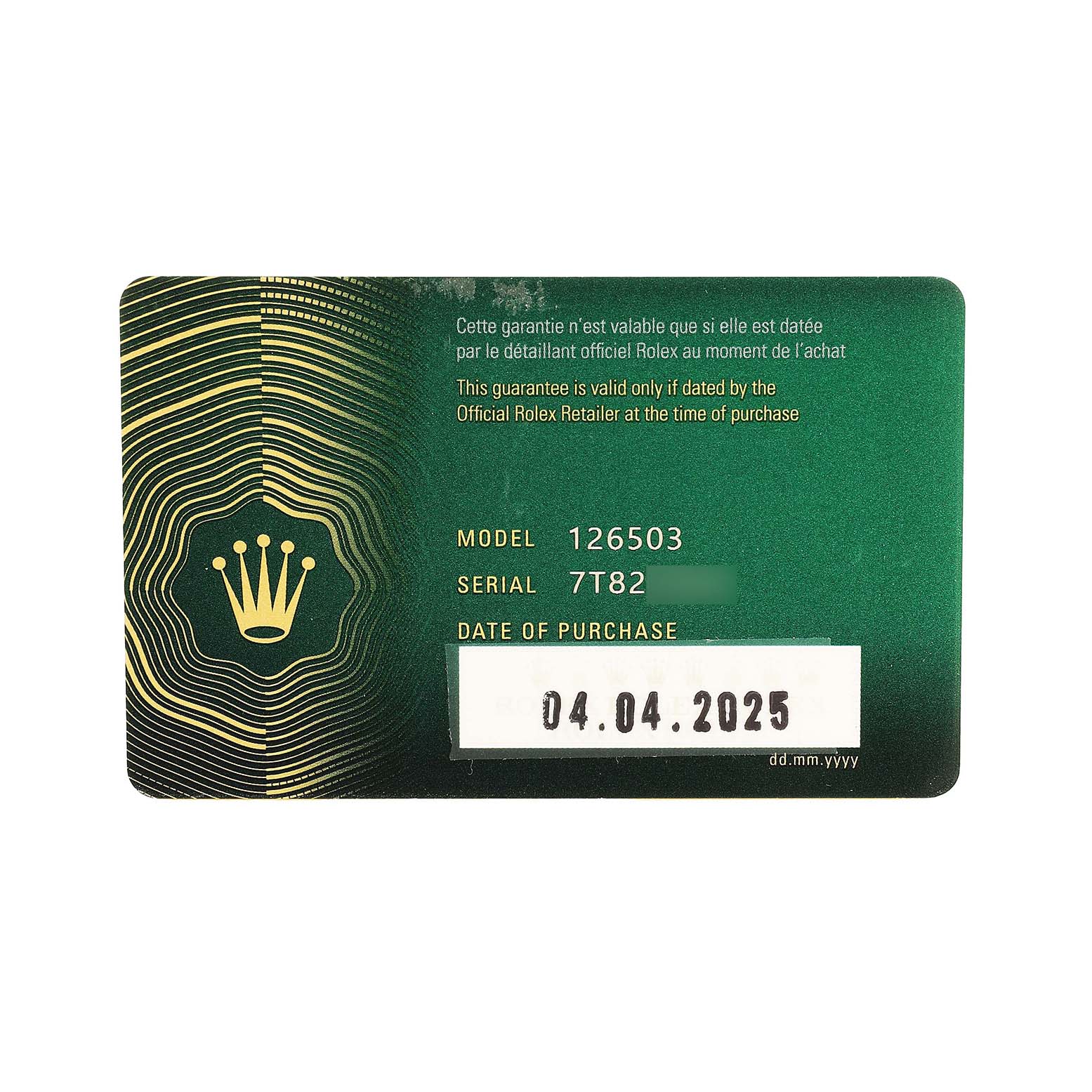 The image shows a warranty card for a Rolex Daytona M126503-0001 Men's Steel and Gold (two tone) White Dial, displaying model, serial number, and purchase date details.