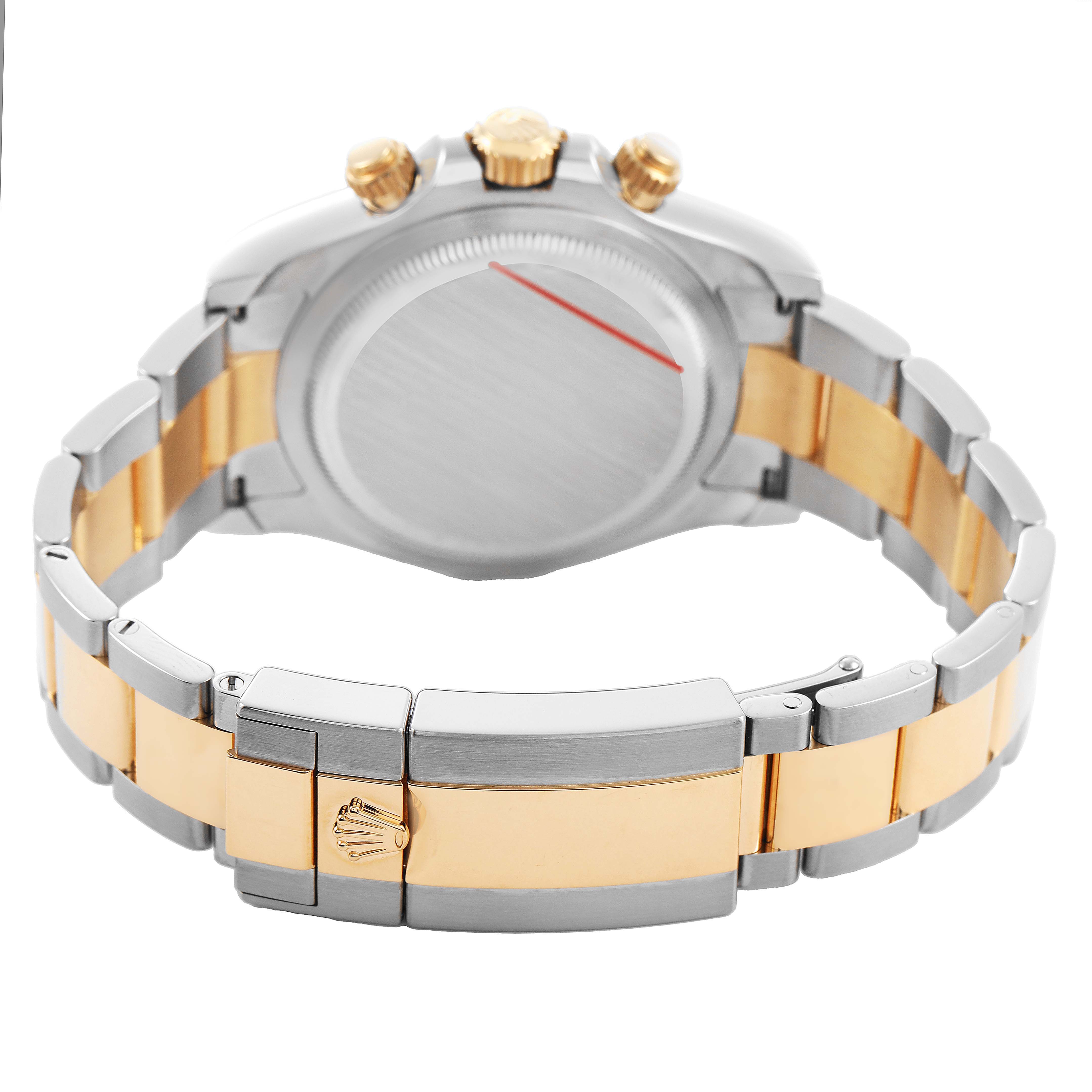 The image shows a rear angle of the Rolex Daytona M126503-0001 Men's Steel and Gold (two tone) White Dial, highlighting the clasp, bracelet, and case back.
