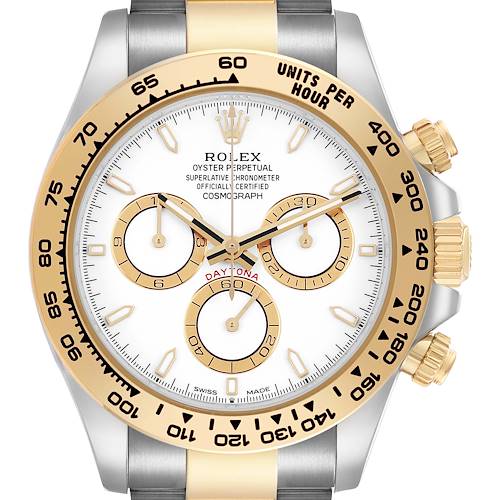 The Rolex Daytona M126503-0001 Men's Steel and Gold (two tone) White Dial watch is shown front-on, highlighting its gold bezel, subdials, and crown.
