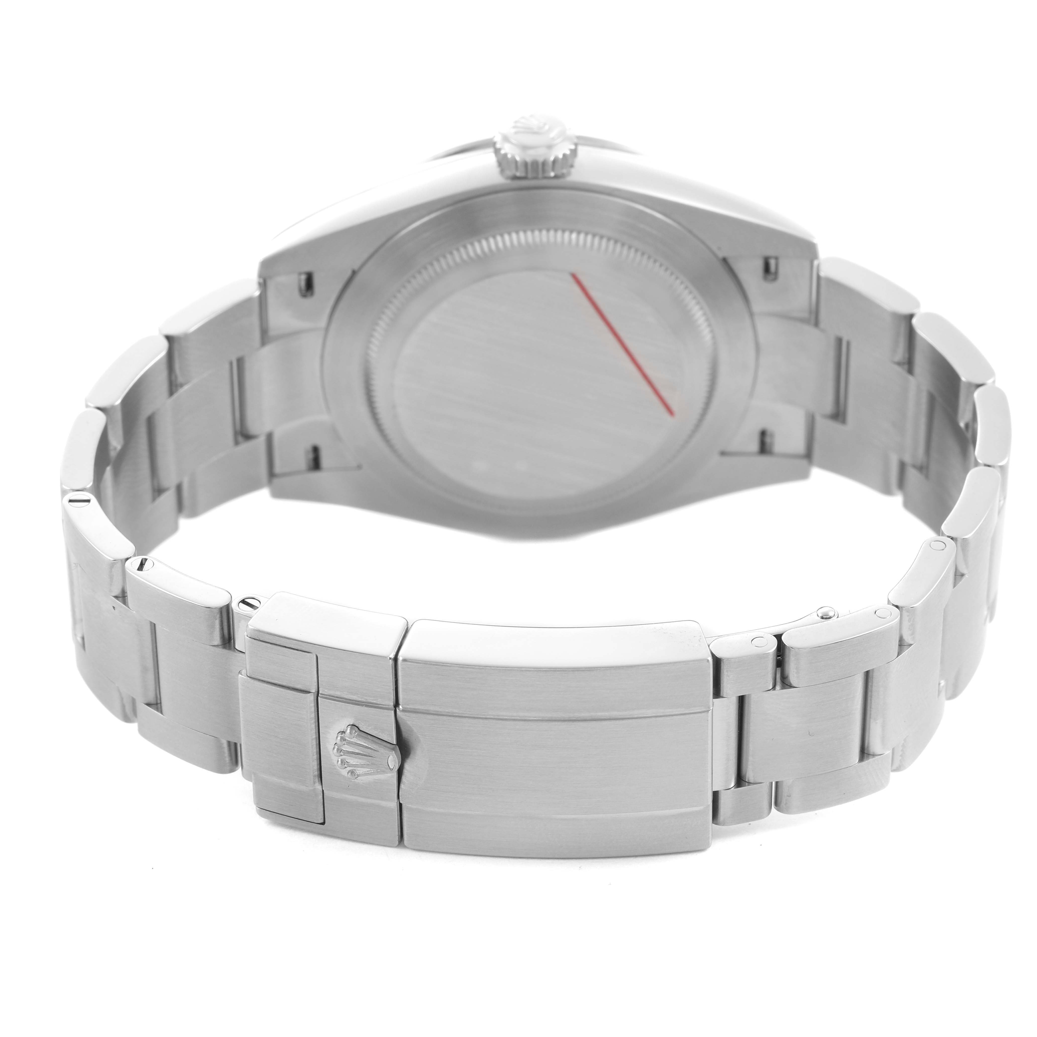 The image shows the back and bracelet of a Rolex Explorer 224270 Men's Stainless Steel Black Dial, highlighting the clasp and case back from a rear angle.