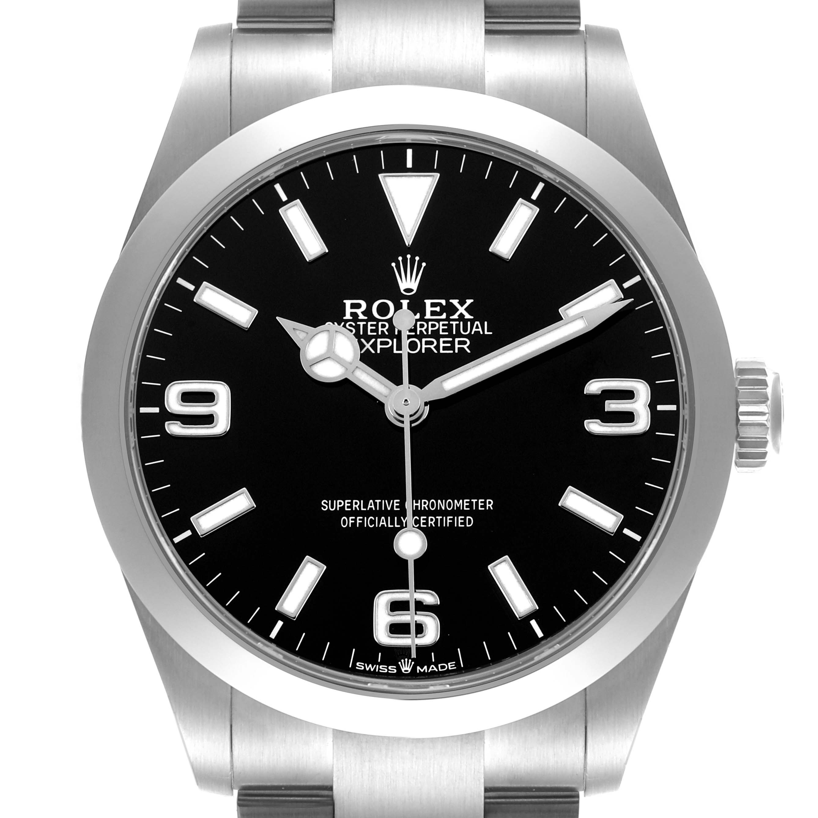 The Rolex Explorer 224270 Men's Stainless Steel Black Dial watch is shown from the front, highlighting the dial, hands, case, and part of the bracelet.