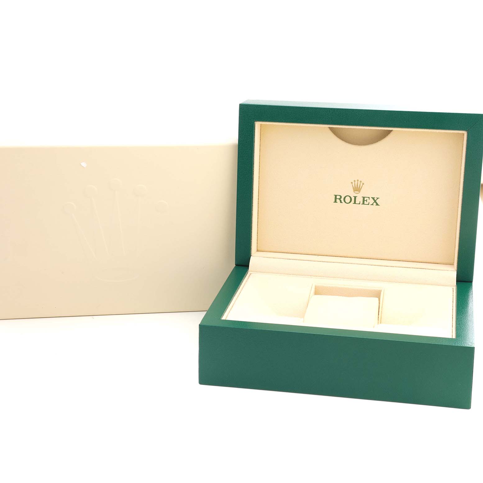 The image shows an open green Rolex watch box for the Explorer model, viewed from the front, with the outer box beside it.
