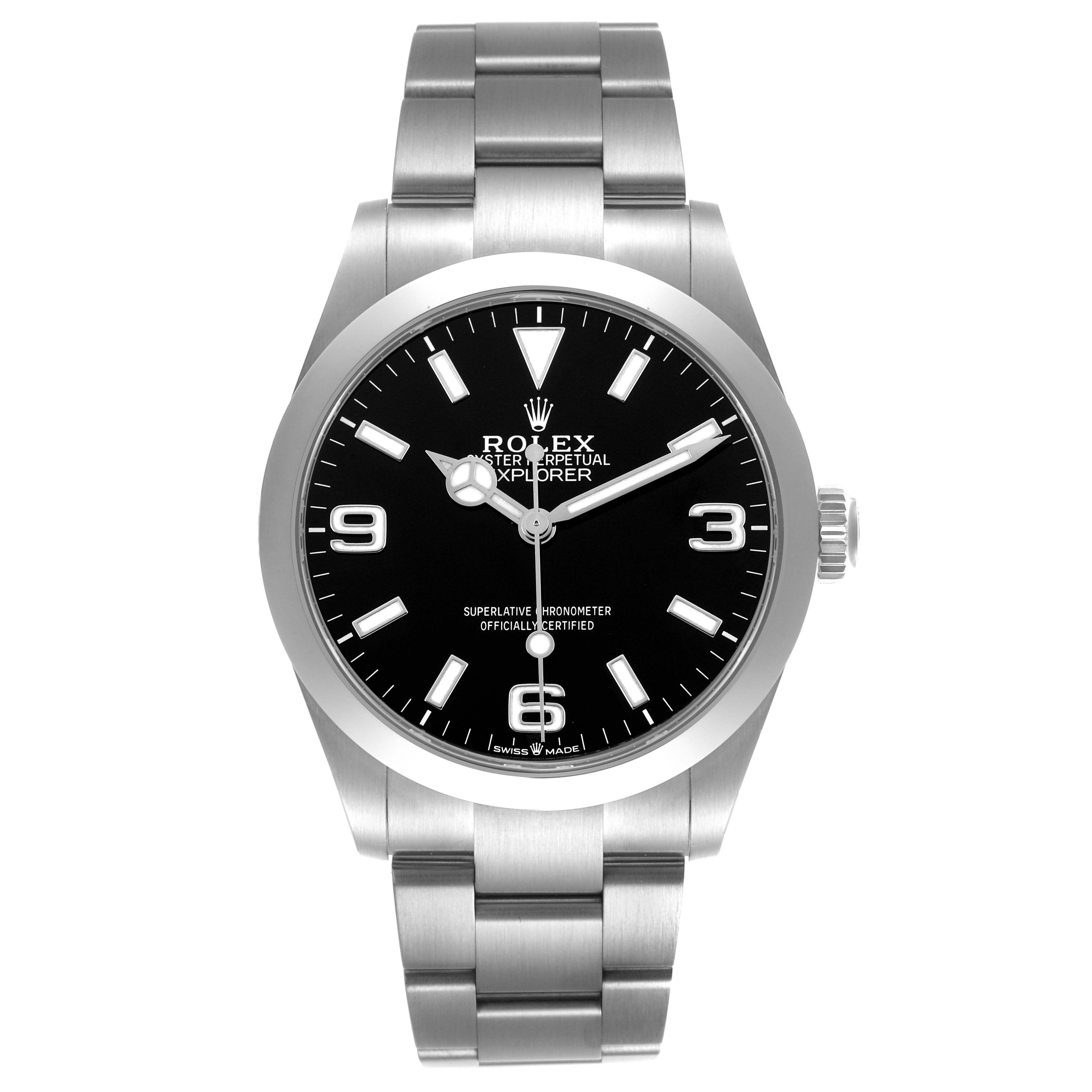 The Rolex Explorer 224270 Men's Stainless Steel Black Dial watch is shown from the front, highlighting its dial, bezel, and bracelet.