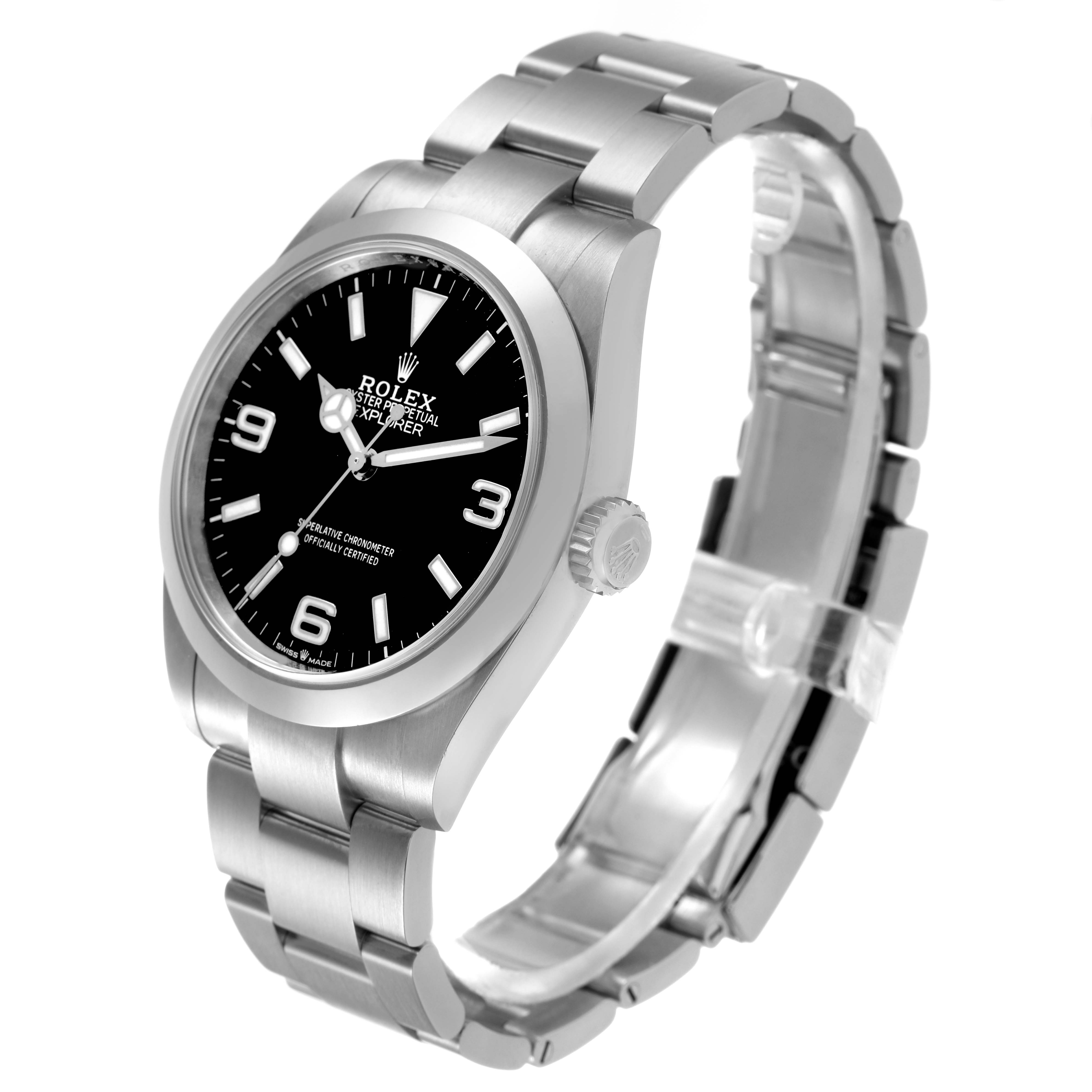 The Rolex Explorer 224270 Men's Stainless Steel Black Dial watch is shown at a three-quarter angle, displaying the dial, bezel, crown, and bracelet.