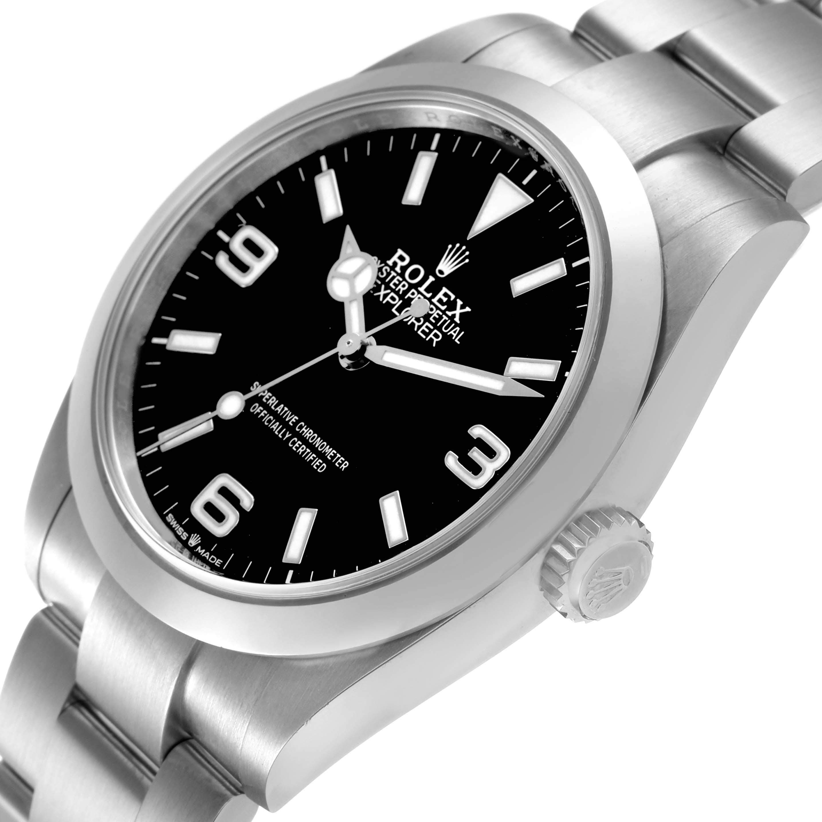 The image shows a Rolex Explorer 224270 Men's Stainless Steel Black Dial watch at a three-quarter angle, highlighting its dial, bezel, crown, and bracelet.
