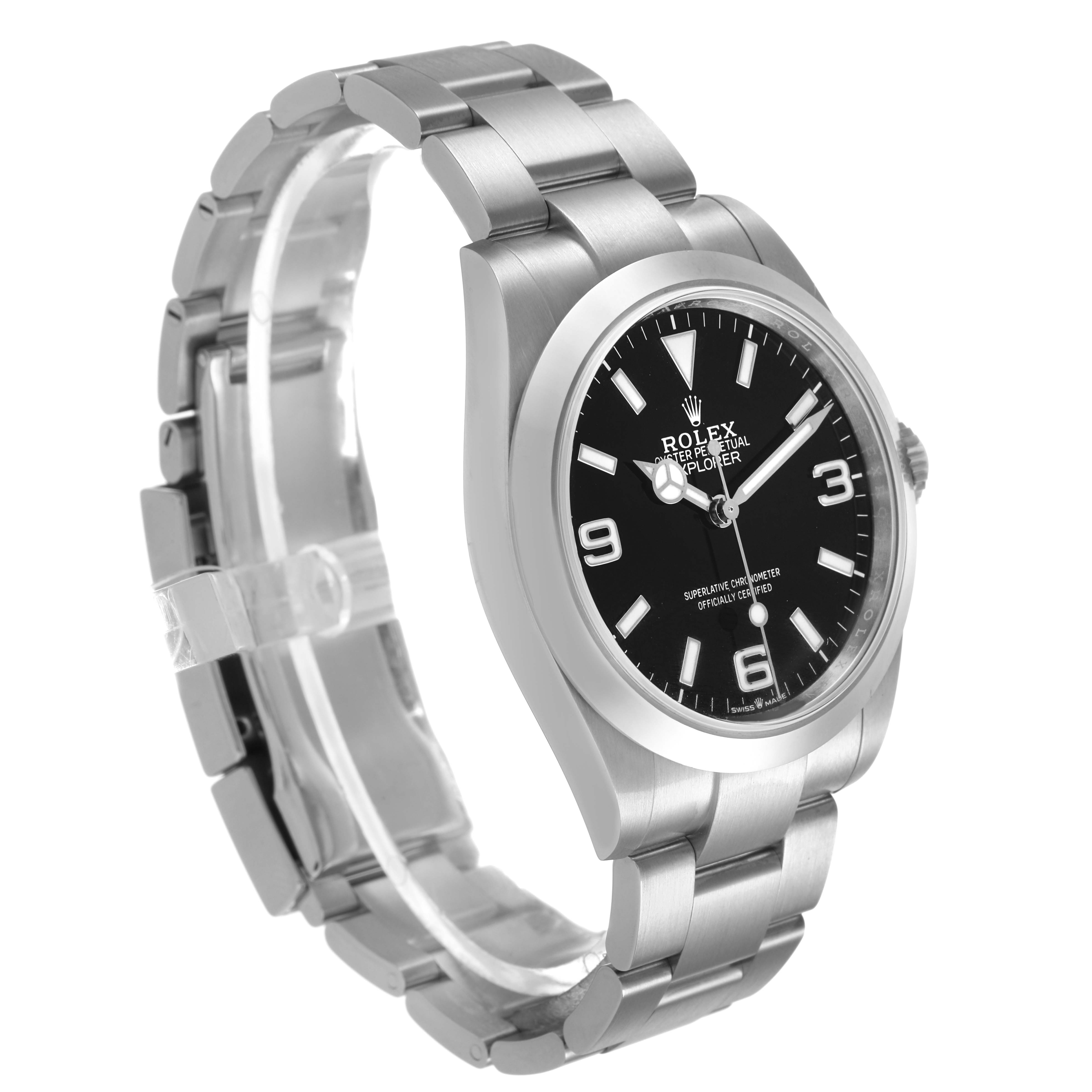 The Rolex Explorer 224270 Men's Stainless Steel Black Dial watch is shown at a three-quarter angle, highlighting the face, bezel, and part of the bracelet.