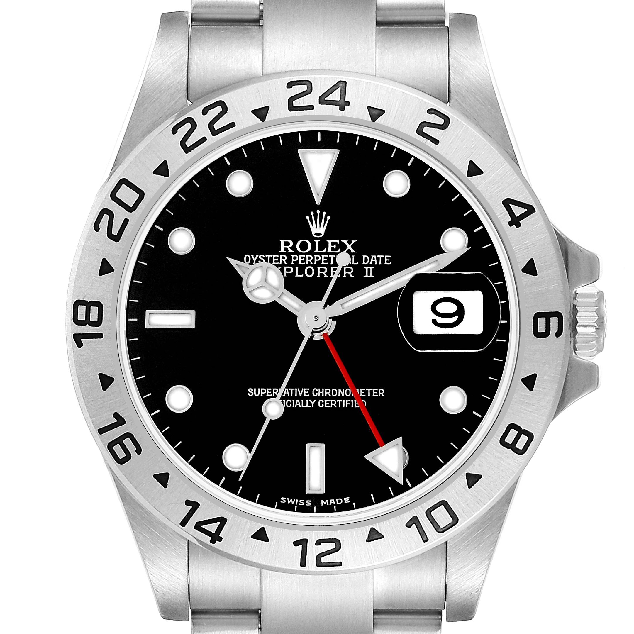 The Rolex Explorer II model 216570 is shown from a front angle, highlighting its black dial, bezel with 24-hour markings, and the date window at 3 o'clock.