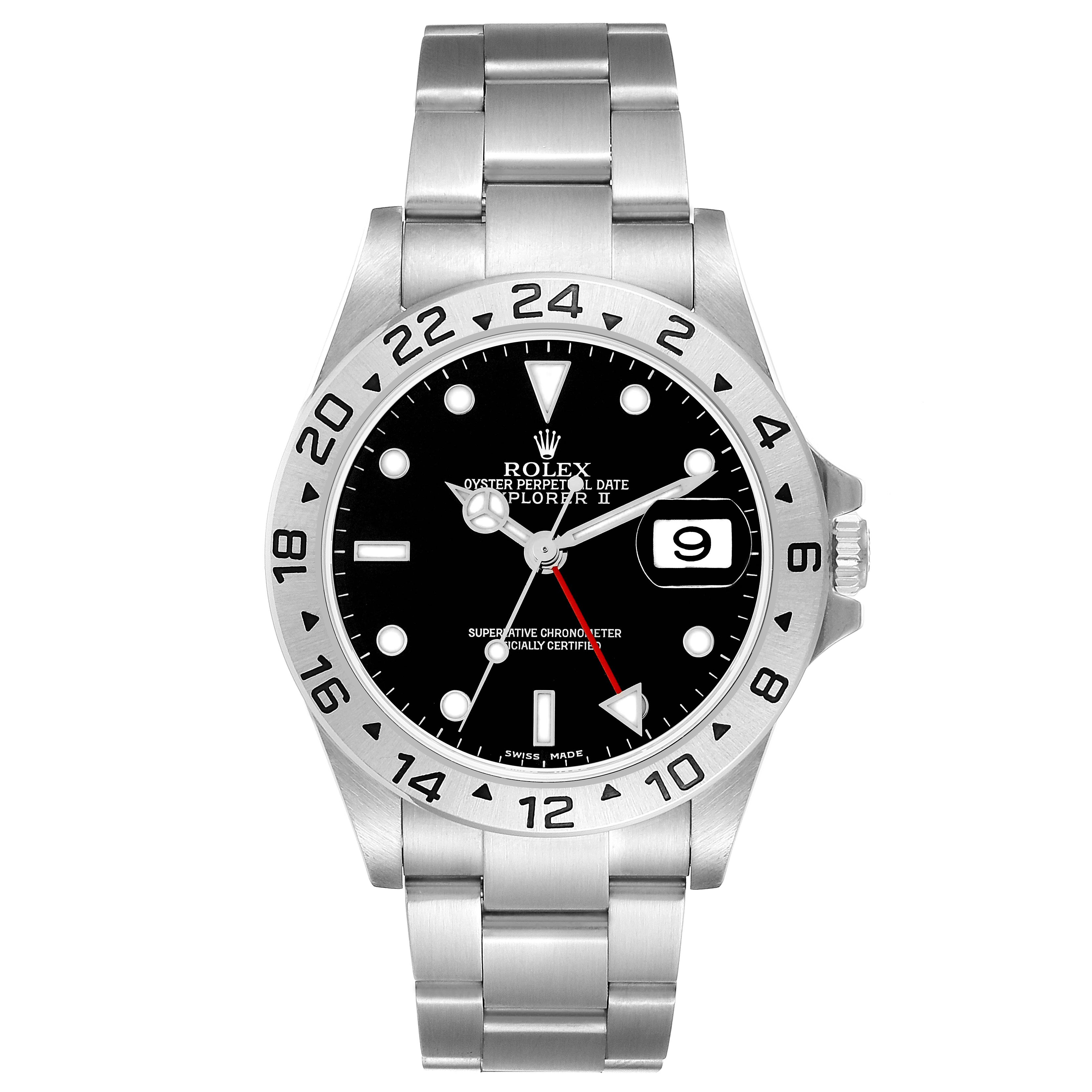 The Rolex Explorer model 216570 men's watch is shown from a front angle, highlighting the bezel, black dial, hands, date display, and bracelet.