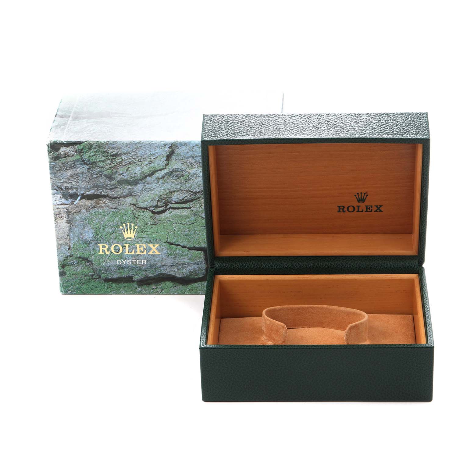 The image shows an open box for the Rolex Explorer, model 216570, with a green exterior and wood interior, alongside the outer branded packaging.