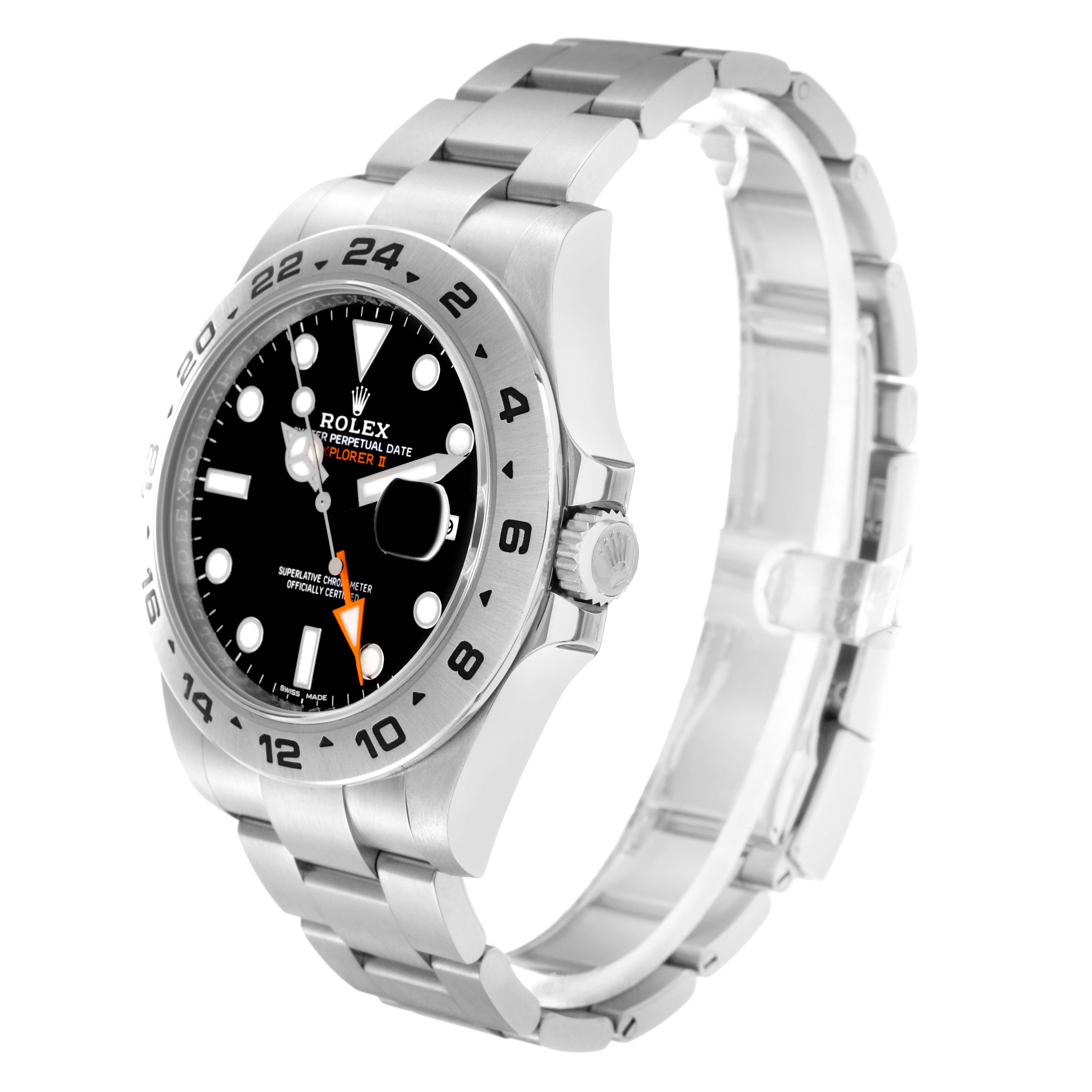 The Rolex Explorer II model 216570 is shown at a three-quarter angle, highlighting the face, bezel, crown, and stainless steel bracelet.