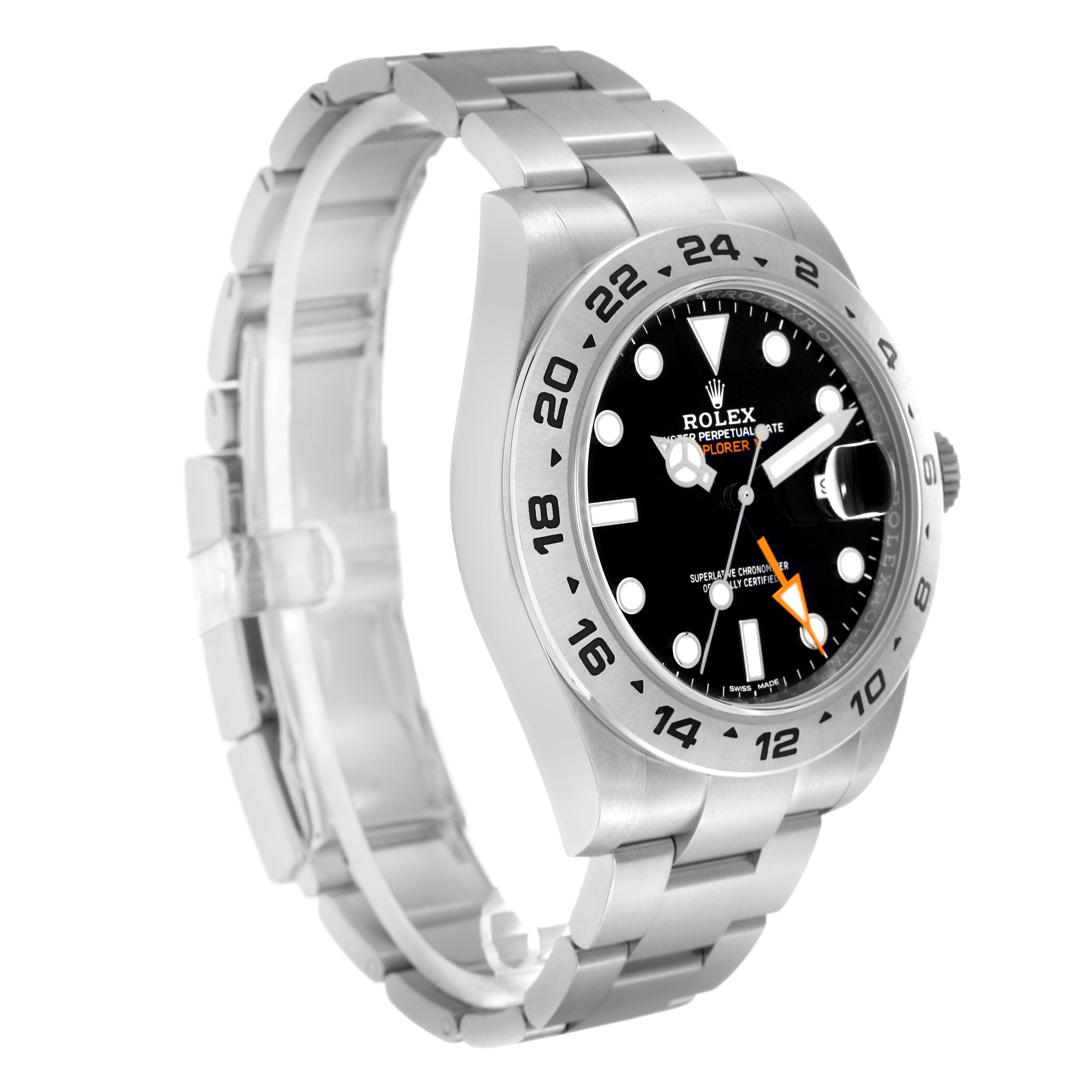 The Rolex Explorer 216570 men's watch is shown at a three-quarter angle, highlighting the dial, bezel, and bracelet.