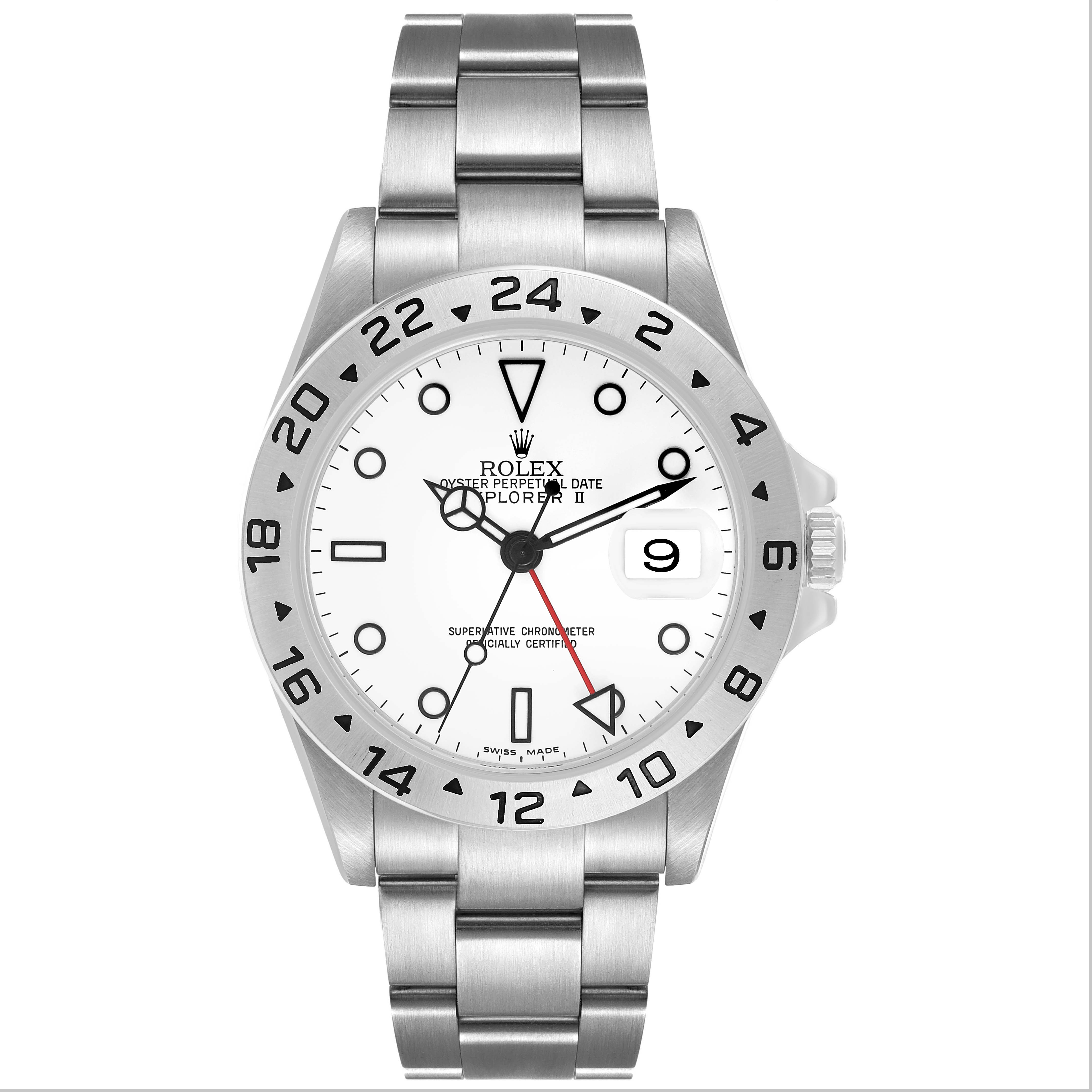 The Rolex Explorer 16570 T Men's Stainless Steel White Dial model is shown from a front angle, displaying the dial, bezel, hour markers, hands, and part of the bracelet.