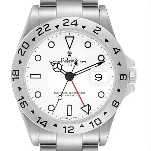The Rolex Explorer 16570 T Men's Stainless Steel White Dial model is shown from a front angle, displaying the watch face, bezel, and part of the bracelet.