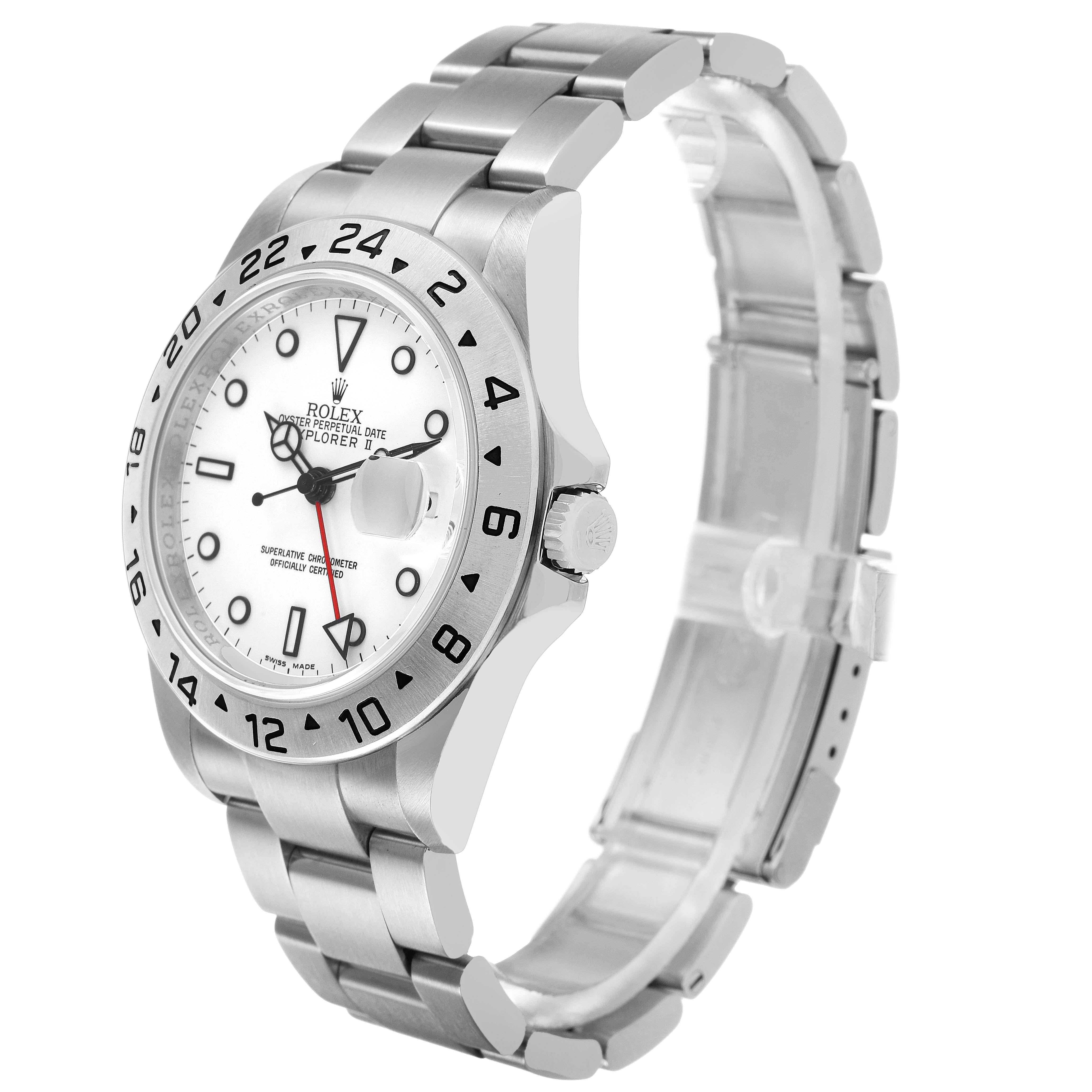 The Rolex Explorer 16570 T Men's Stainless Steel White Dial watch is shown from a three-quarter angle, highlighting the face, bezel, crown, and bracelet.