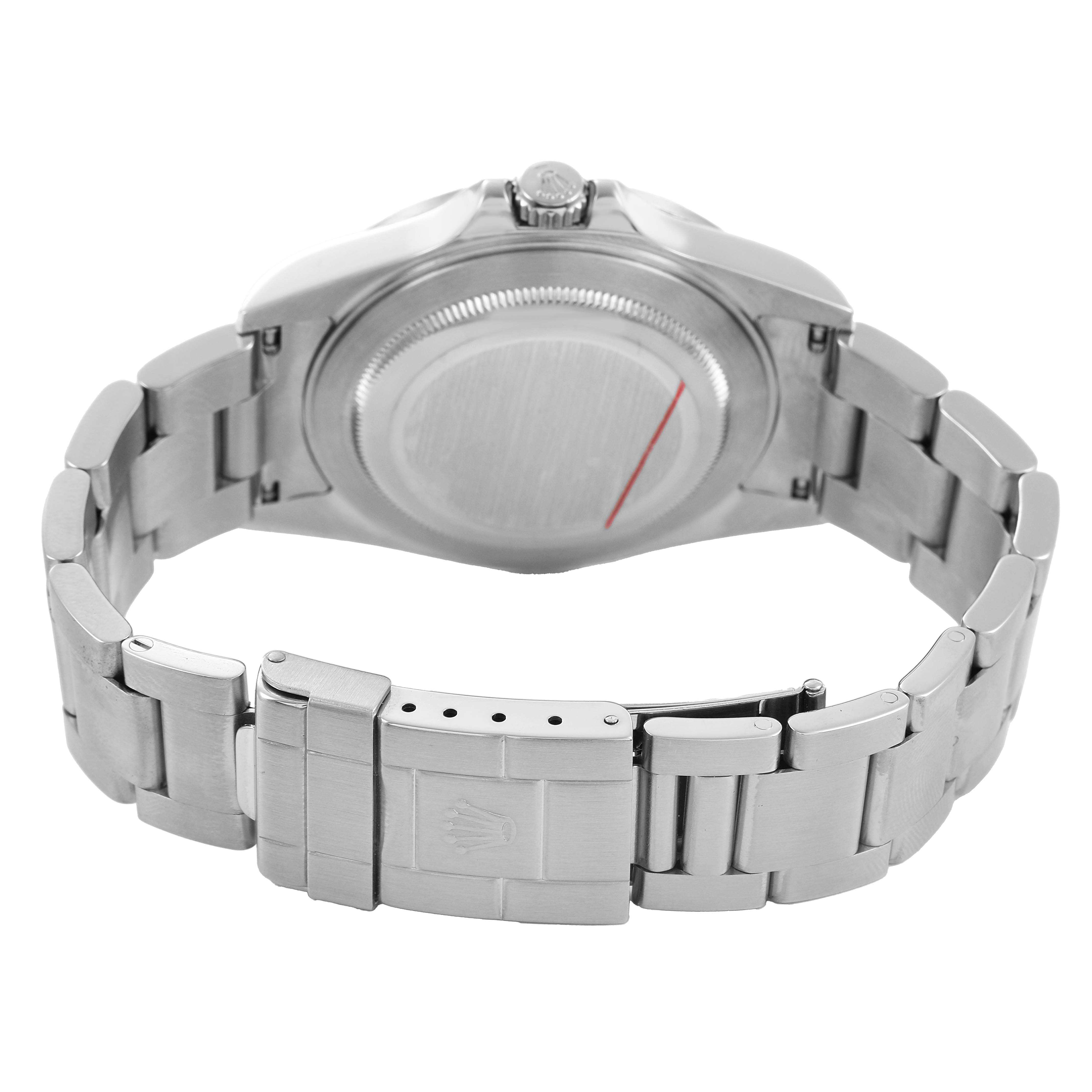 The image shows the back and bracelet of a Rolex Explorer 16570 T Men's Stainless Steel White Dial, highlighting the clasp and case back.