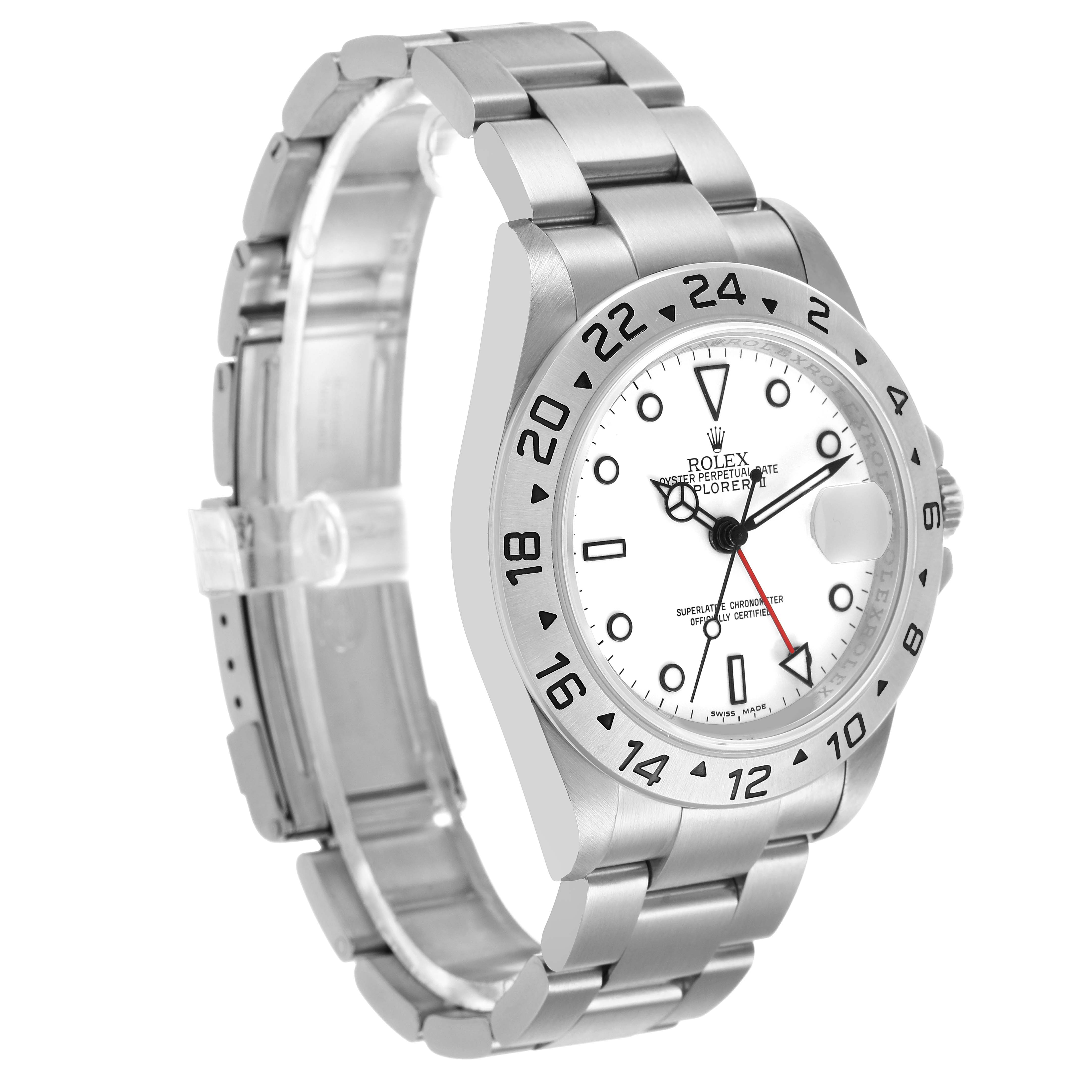 The Rolex Explorer 16570 T Men's Stainless Steel White Dial watch is shown at a slight angle highlighting the bezel, dial, and partially open bracelet.