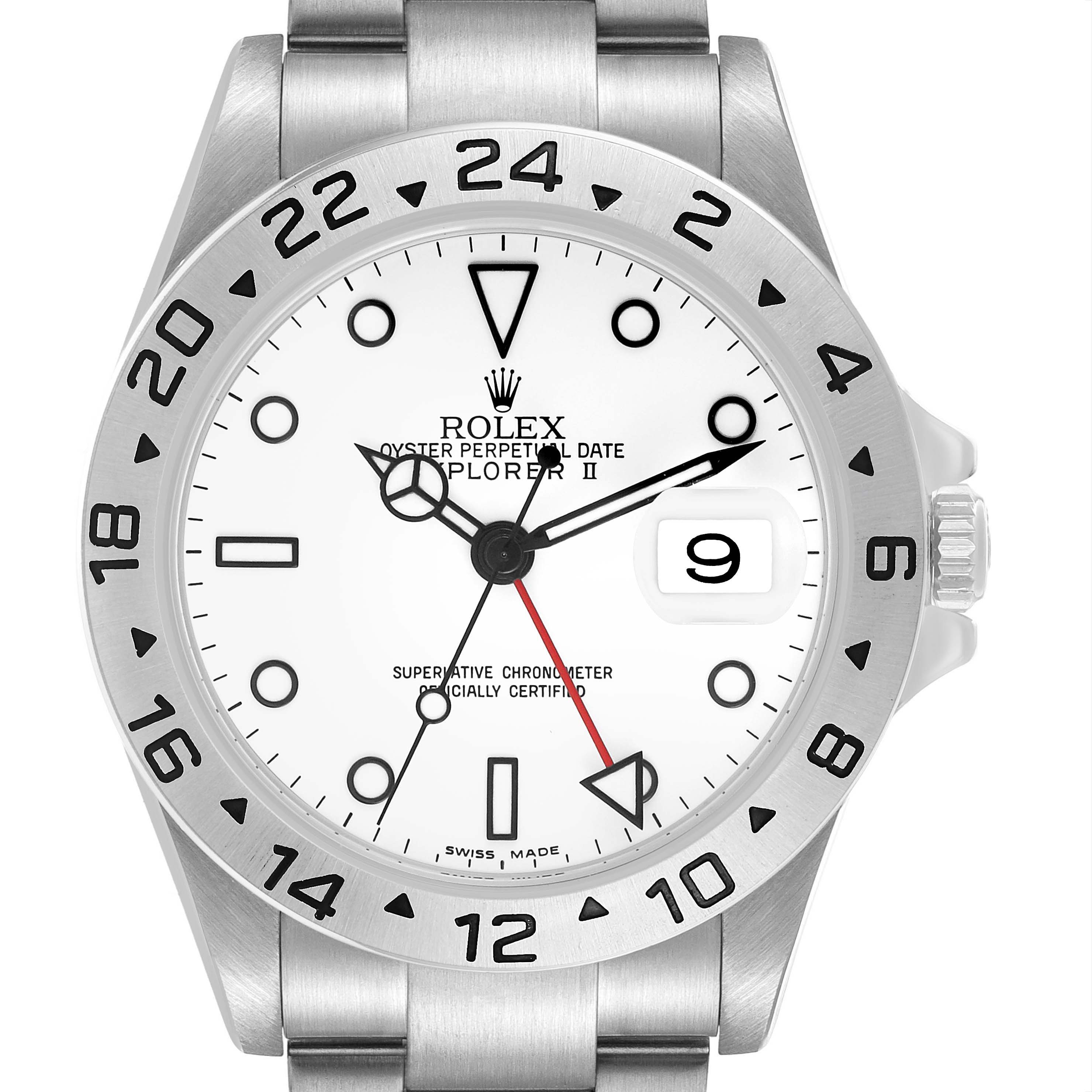 The Rolex Explorer 16570 T Men's Stainless Steel White Dial watch is shown from a front angle, displaying the dial, bezel, and part of the bracelet.