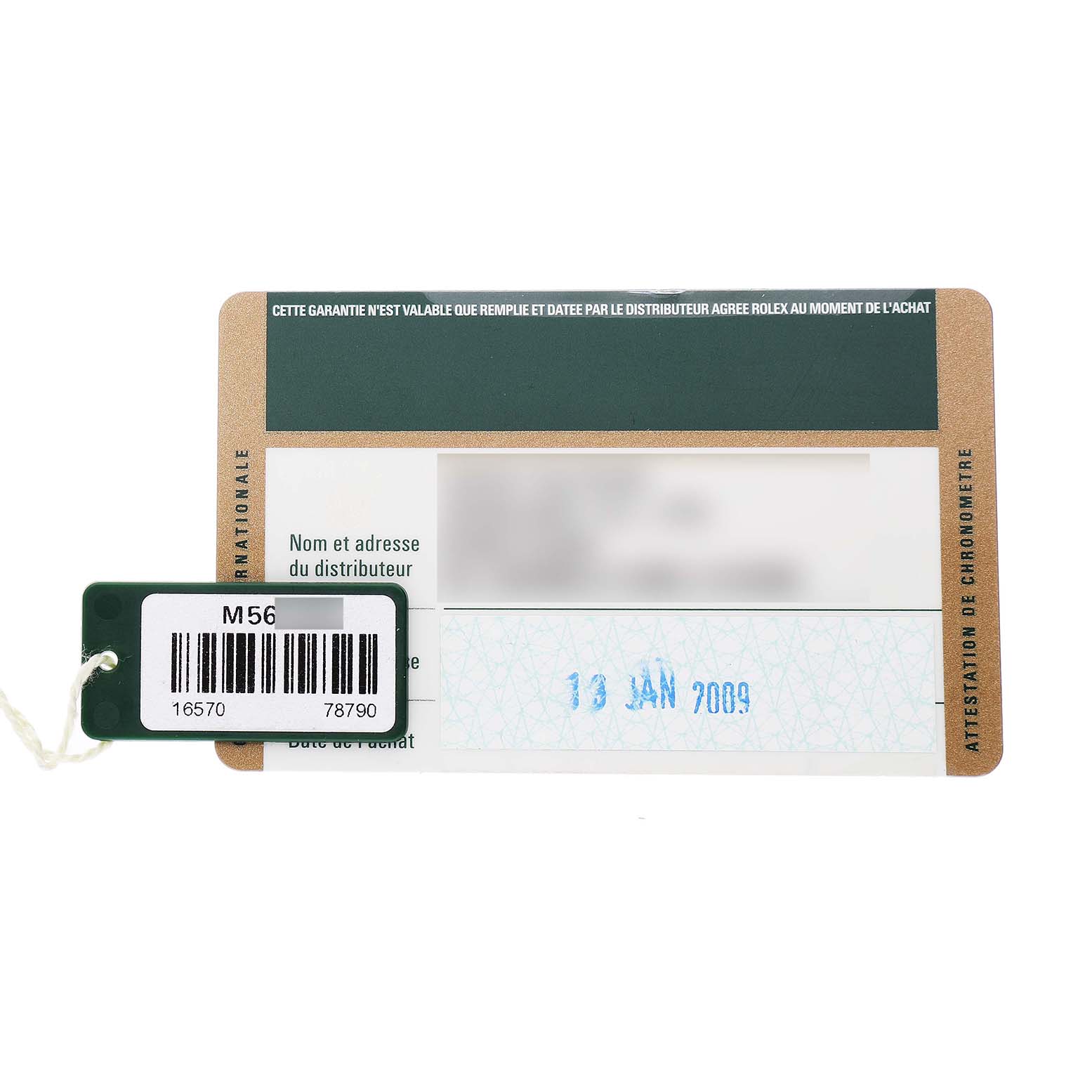 The image shows a warranty card with a tag for the Rolex Explorer 16570 T Men's Stainless Steel White Dial model, featuring barcodes and purchase details.
