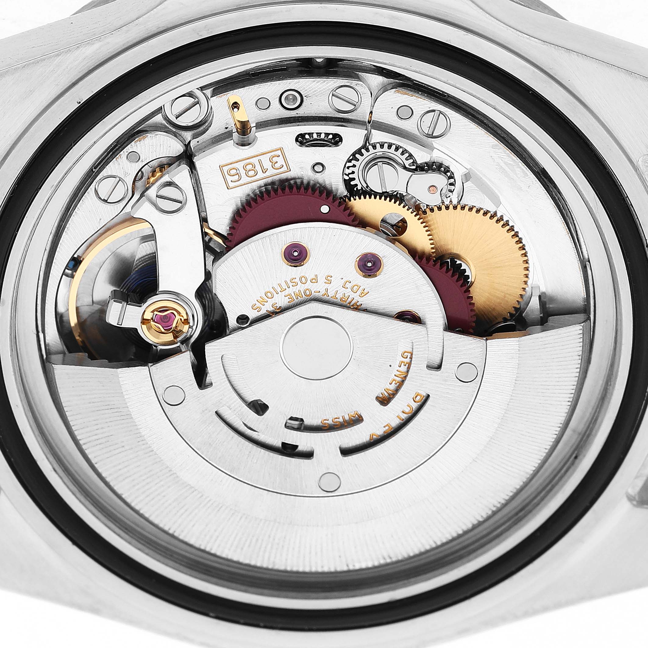 The image shows the internal movement components of a Rolex Explorer 16570 T Men's Stainless Steel White Dial watch from a rear angle.