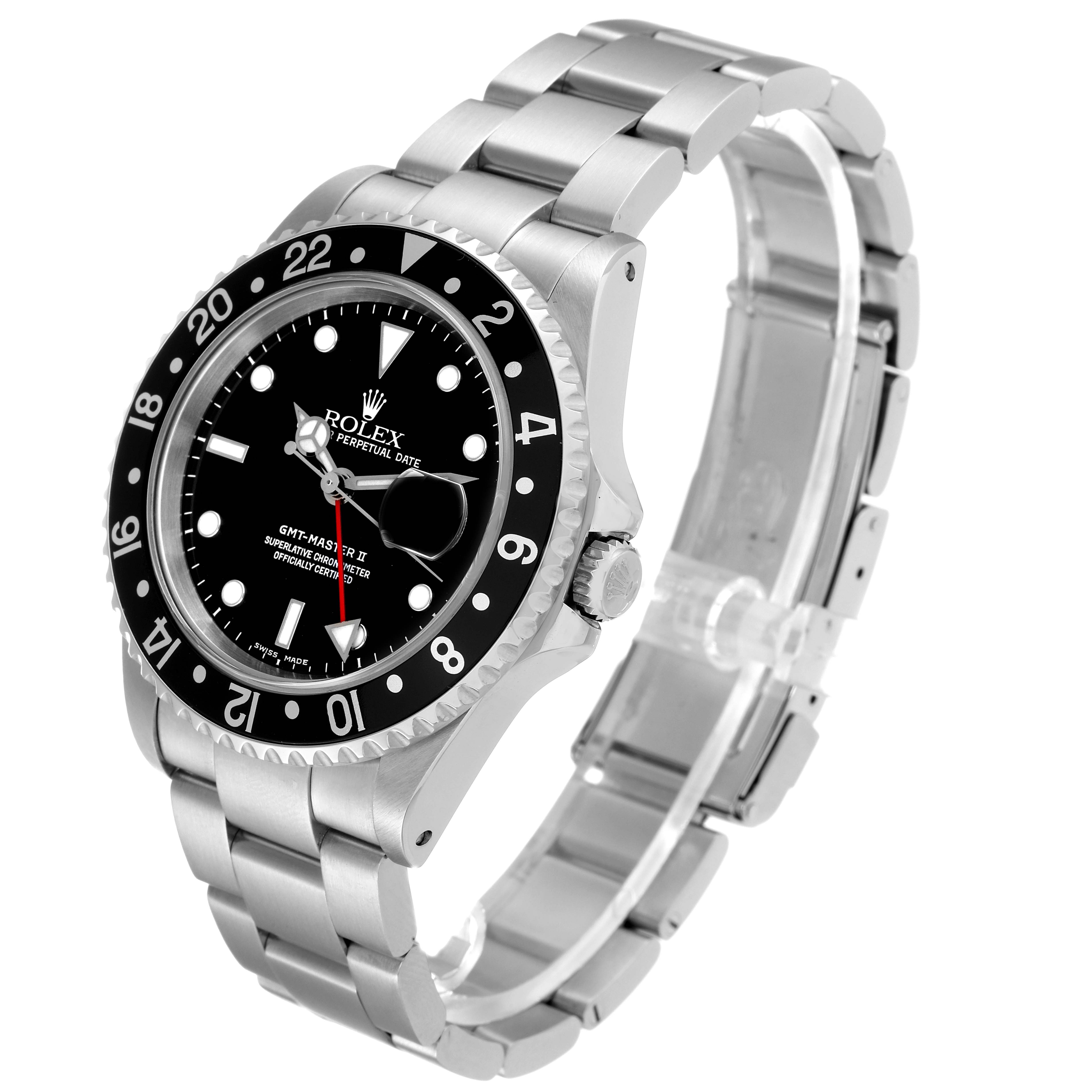 The image shows a Rolex GMT-Master 16710 Men
s Stainless Steel Black Dial 16710 Men
s Stainless Steel Black Dial watch at an angle displaying the watch face, bezel, crown, and stainless steel bracelet.