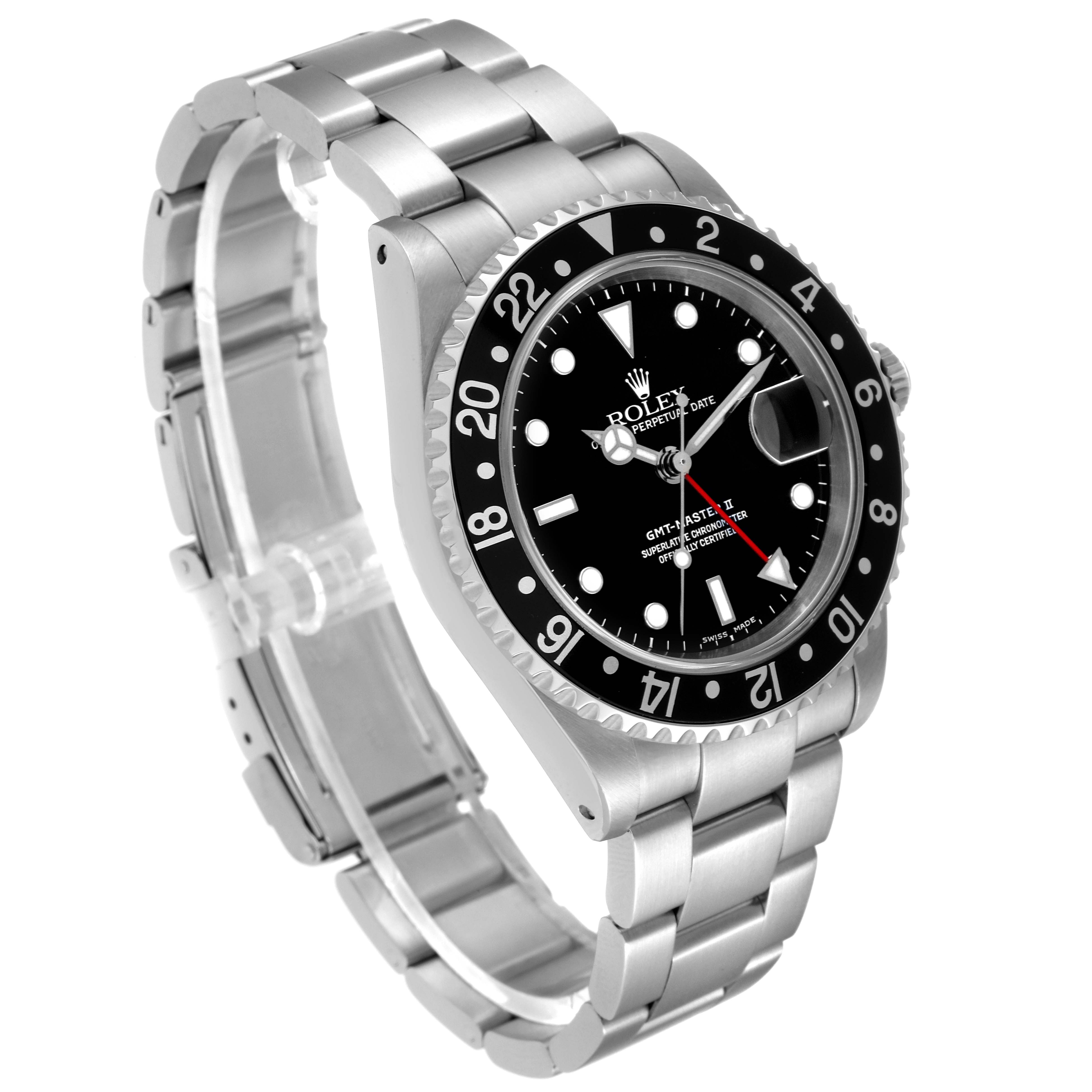 The Rolex GMT-Master 16710 Men
s Stainless Steel Black Dial 16710 Men
s Stainless Steel Black Dial watch is shown at a three-quarter angle, displaying its face, bezel, and bracelet.