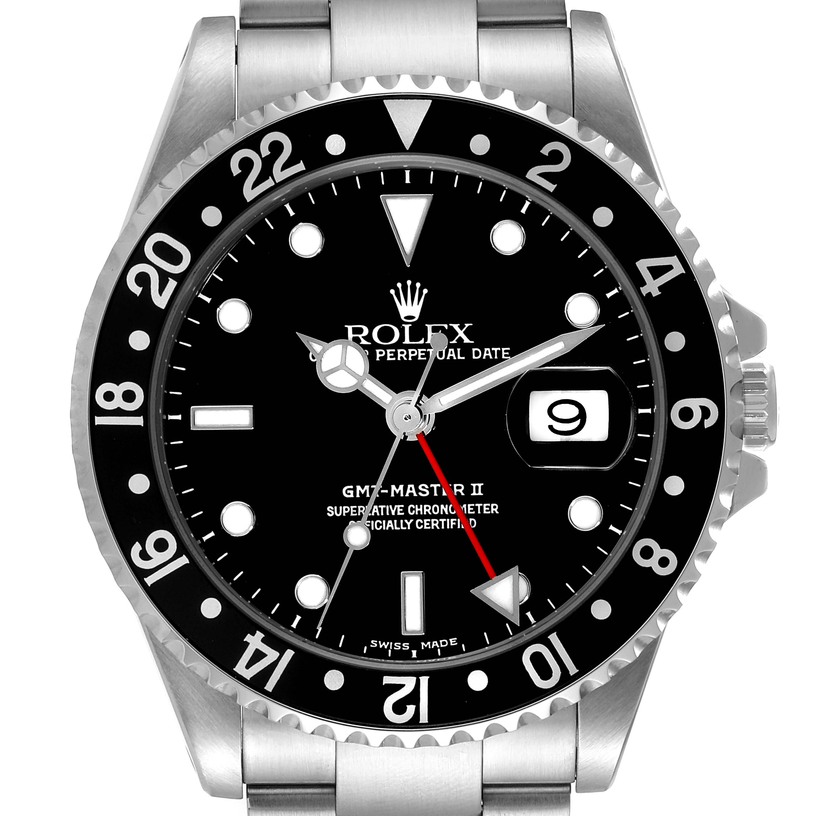 The image shows a front view of the Rolex GMT-Master 16710 Men
s Stainless Steel Black Dial 16710 Men
s Stainless Steel Black Dial II watch, displaying the dial, bezel, date window, and a portion of the bracelet.