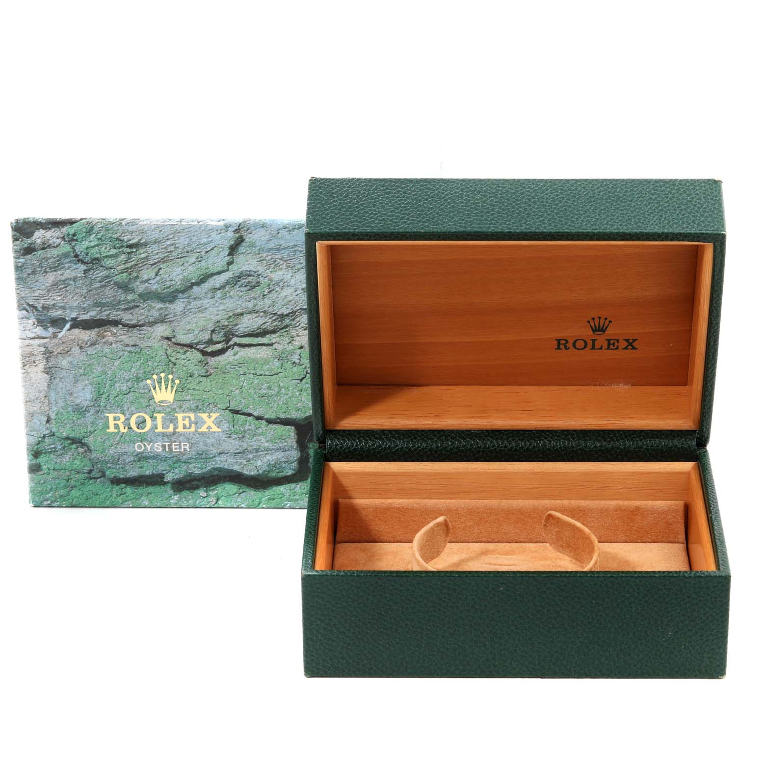 The image shows a green Rolex box for the GMT-Master model, opened to reveal its interior wood and suede lining.