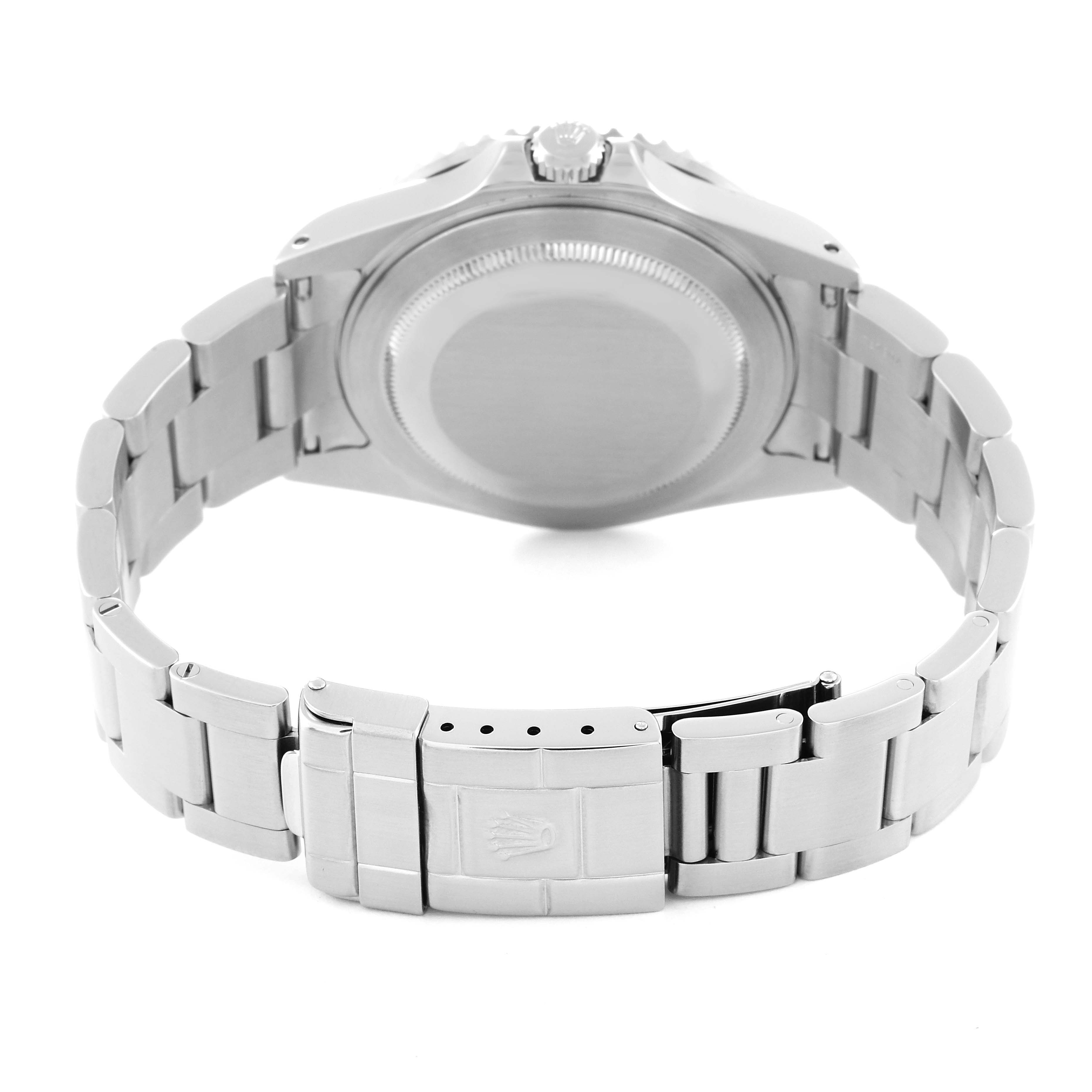 This image shows the back case and bracelet of a Rolex GMT-Master 16710 Men
s Stainless Steel Black Dial 16710 Men
s Stainless Steel Black Dial watch from a rear angle.