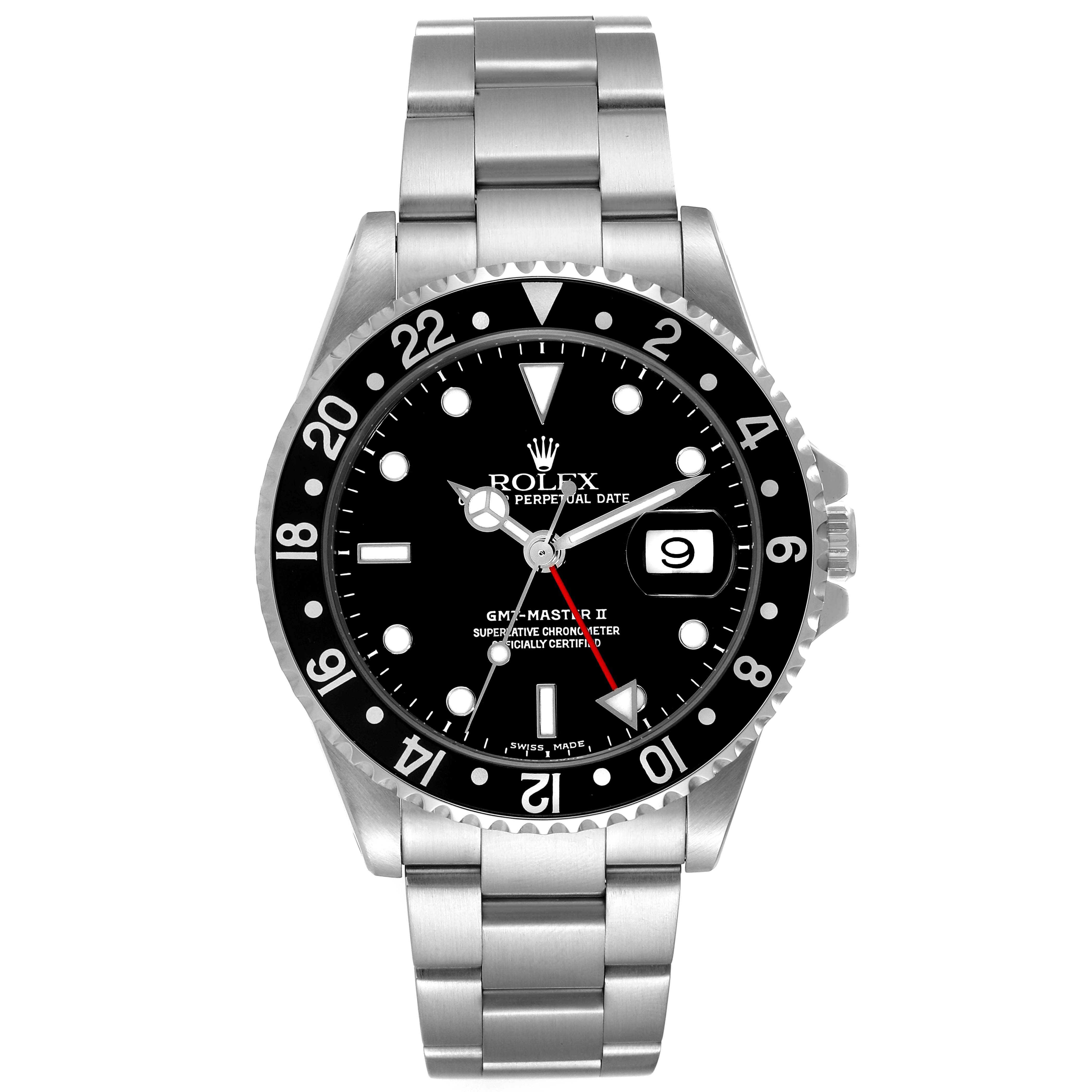 The image shows a front view of a Rolex GMT-Master 16710 Men
s Stainless Steel Black Dial 16710 Men
s Stainless Steel Black Dial II watch, featuring its dial, bezel, and bracelet.