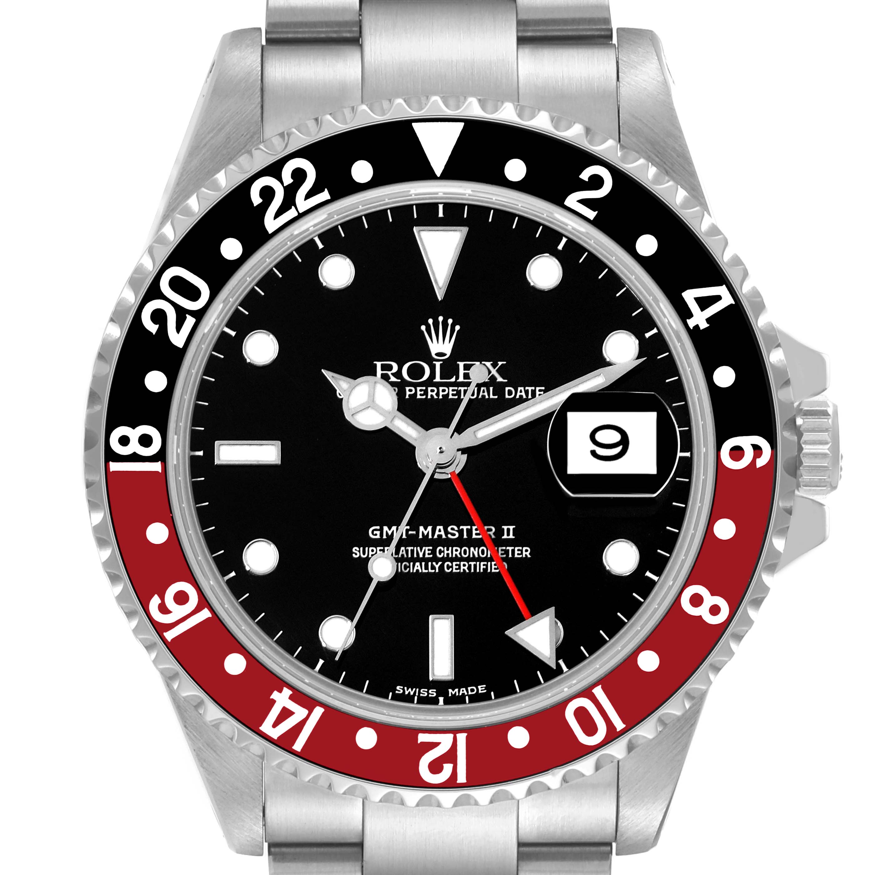 This image shows a Rolex GMT-Master 16710 Men
s Stainless Steel Black Dial 16710 Men
s Stainless Steel Black Dial II watch from the front, highlighting the dial, bezel, and bracelet.